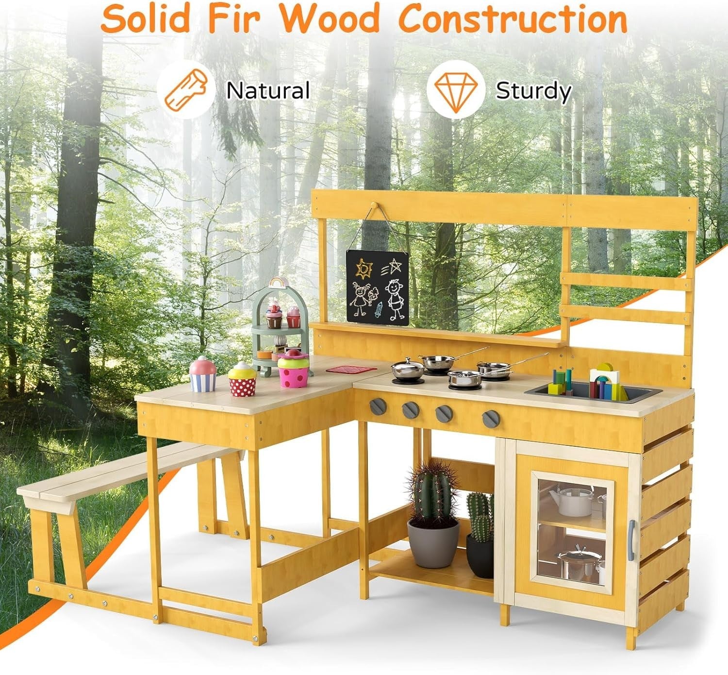 Outdoor Mud Kitchen Kids Wooden Playset w/ Picnic Table Blackboard