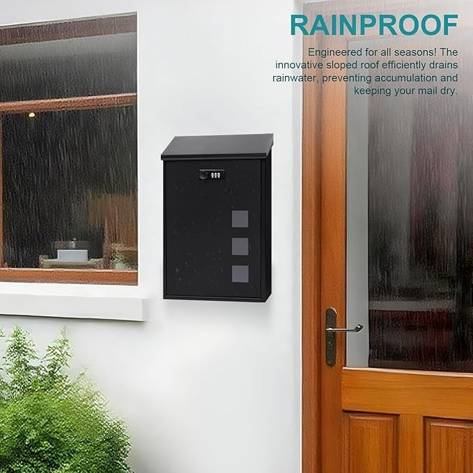 Wall Mounted Steel Mailbox Black Combination Lock Weatherproof 40x25x10cm