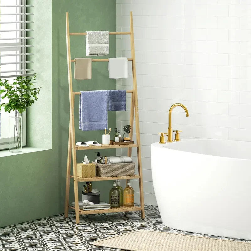 Bamboo Bathroom Shelf Rack Ladder Unit Towel Bars Storage Stand 3 Tier