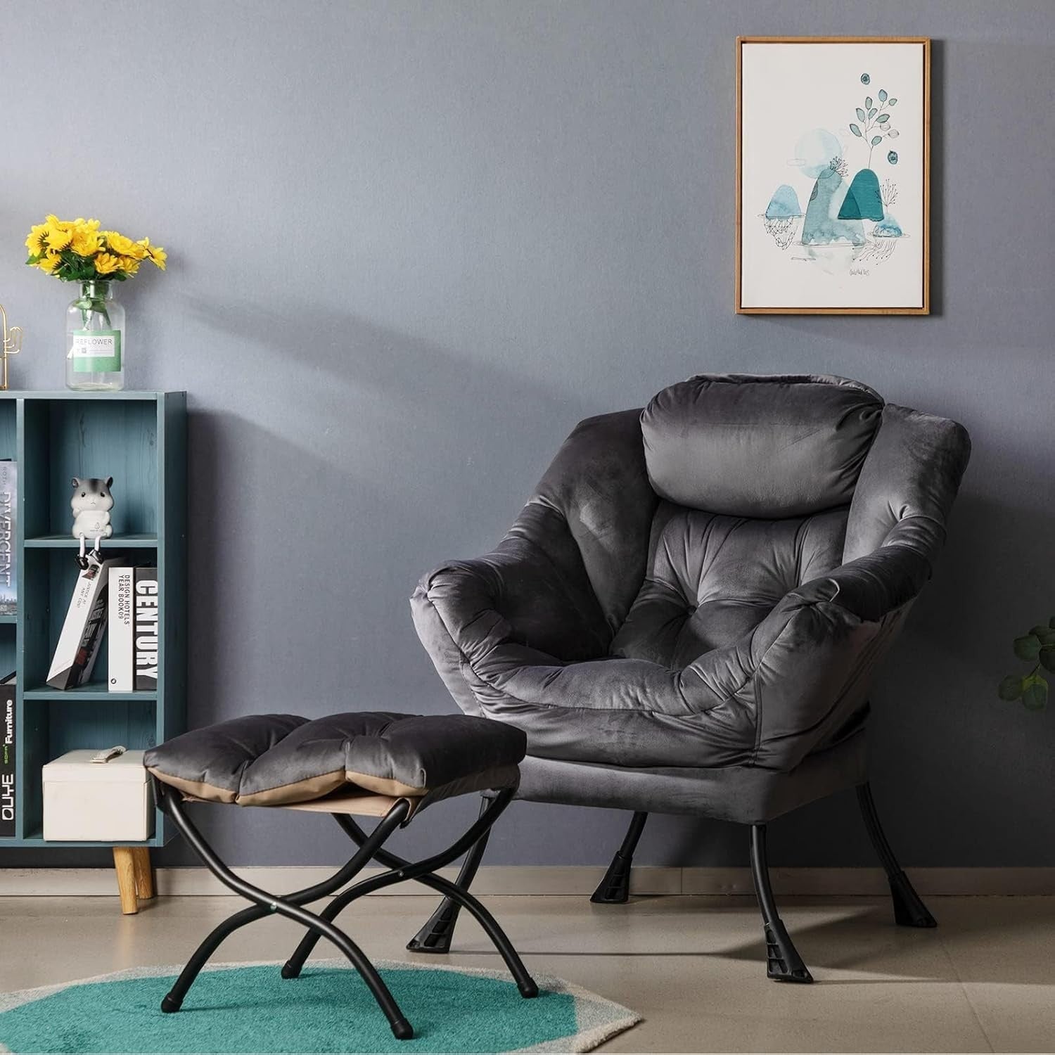 Dark Grey Velvet Armchair with Footstool Living Room Lounge Relax Seat