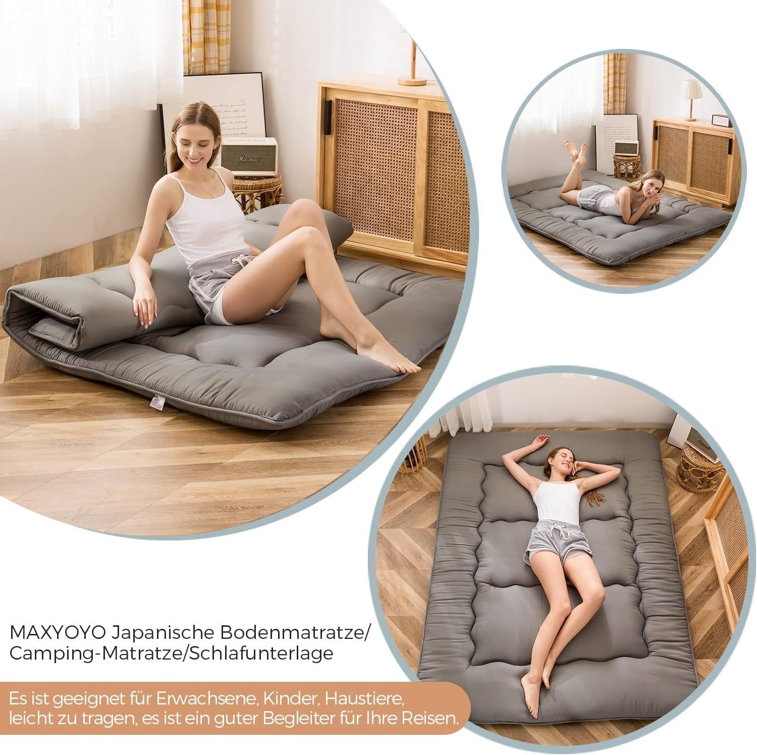 Grey Foldable Futon Mattress | Thick Quilted Floor Sleeping Pad, Portable