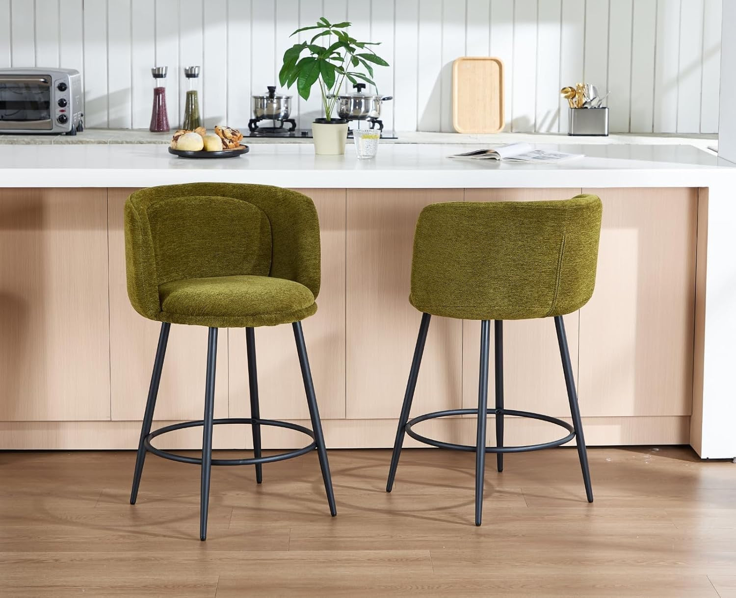 Counter Bar Stools Set of 2 | Green Chenille L-Shaped Dining Chairs