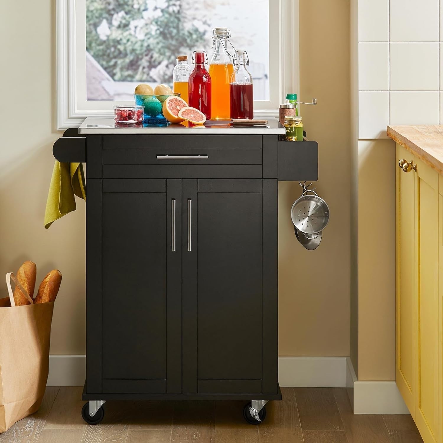 80x46x90cm Kitchen Island Cart Stainless Steel Top Black