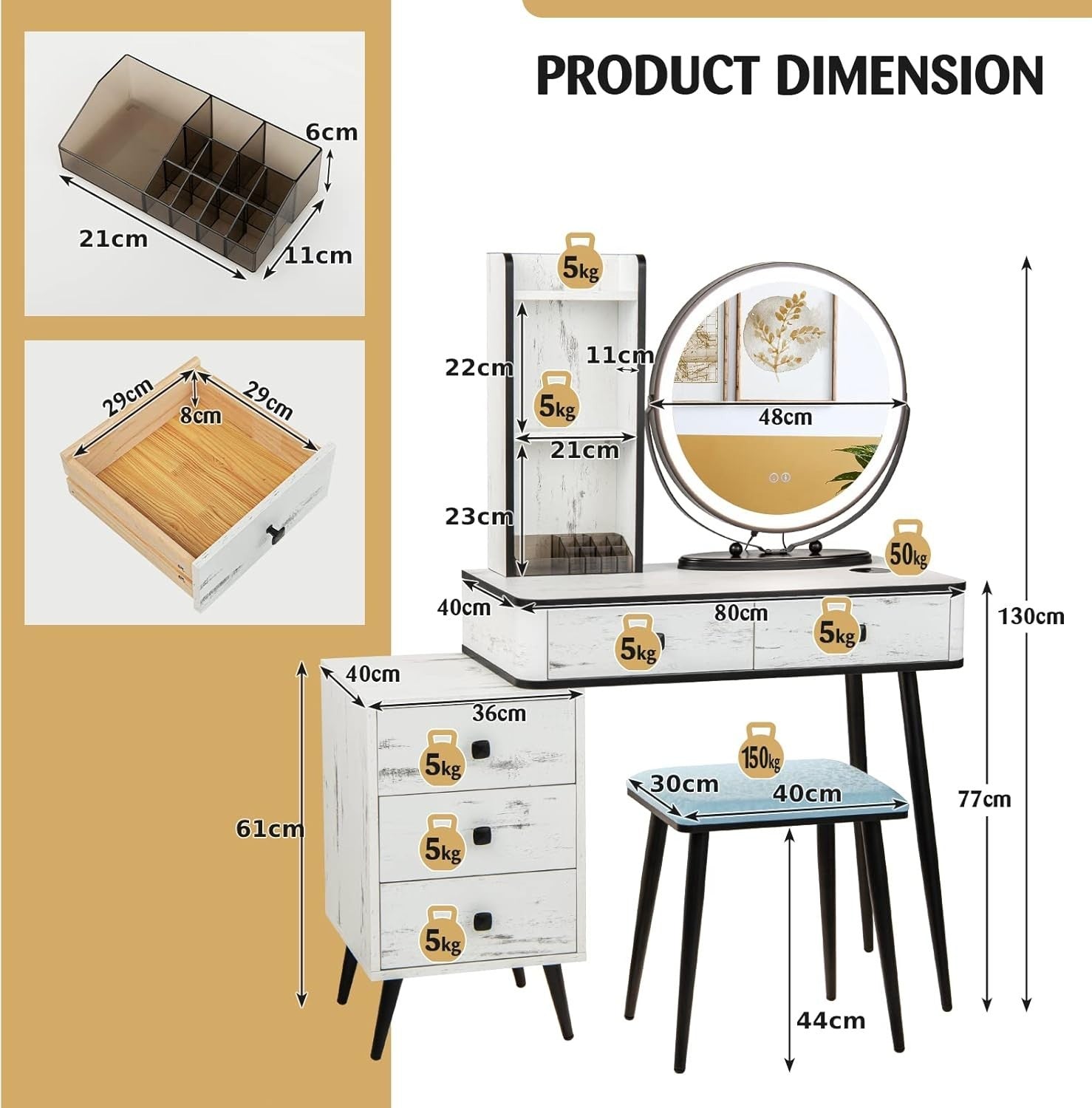 Vanity Desk Set w/LED Mirror & 3-Color Light, Charging Station, 2 Drawers, White