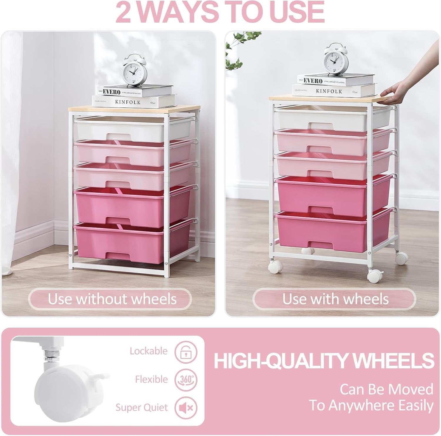 5 Drawer Rolling Storage Cart Pink Utility Organizer Trolley Wheels