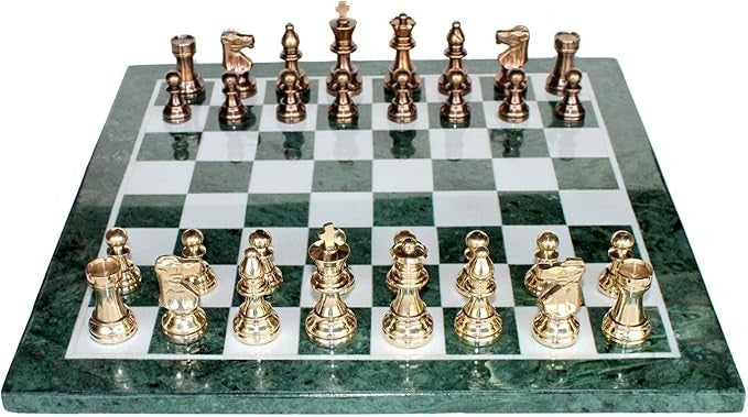 Luxury 20" Green Marble Chess Set – Large Inlaid Board + Brass Crafted Pieces