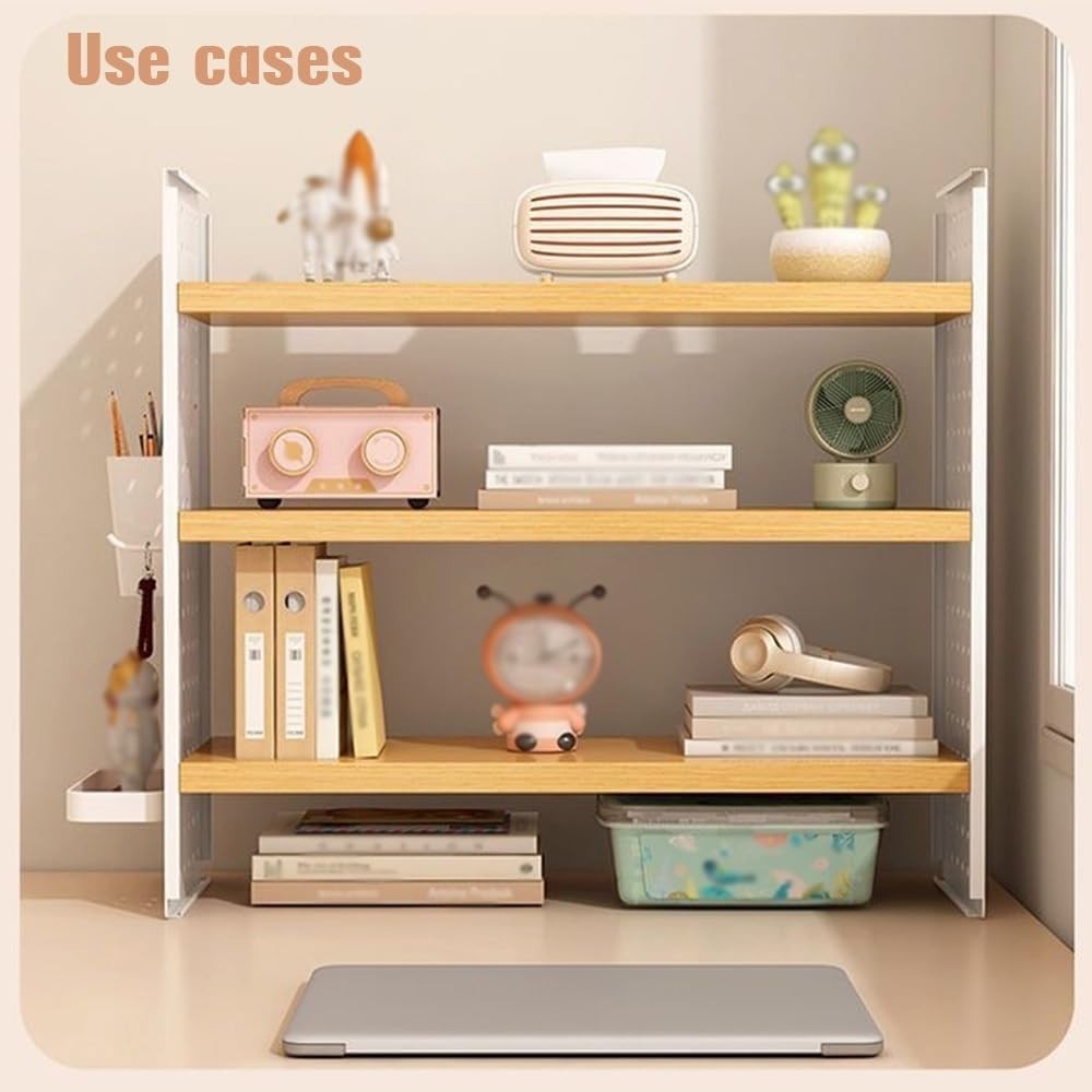 Adjustable 2-Tier Desk Organizer Shelf w/ Grid Panel | Wooden Desktop Hutch 40cm