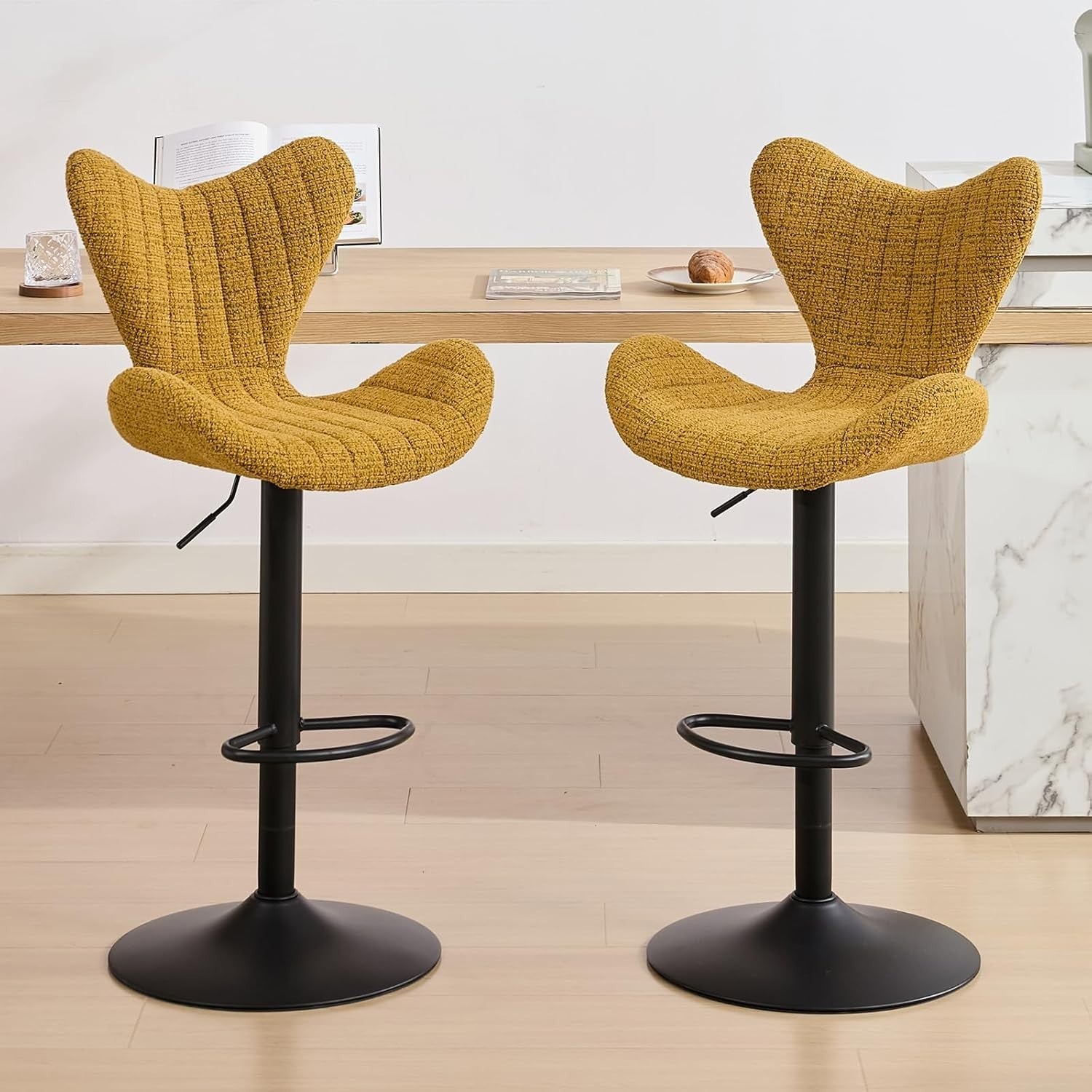 Yellow Wing-Back Bar Stools Set of 2 | Chenille Seat, Swivel & Adjustable