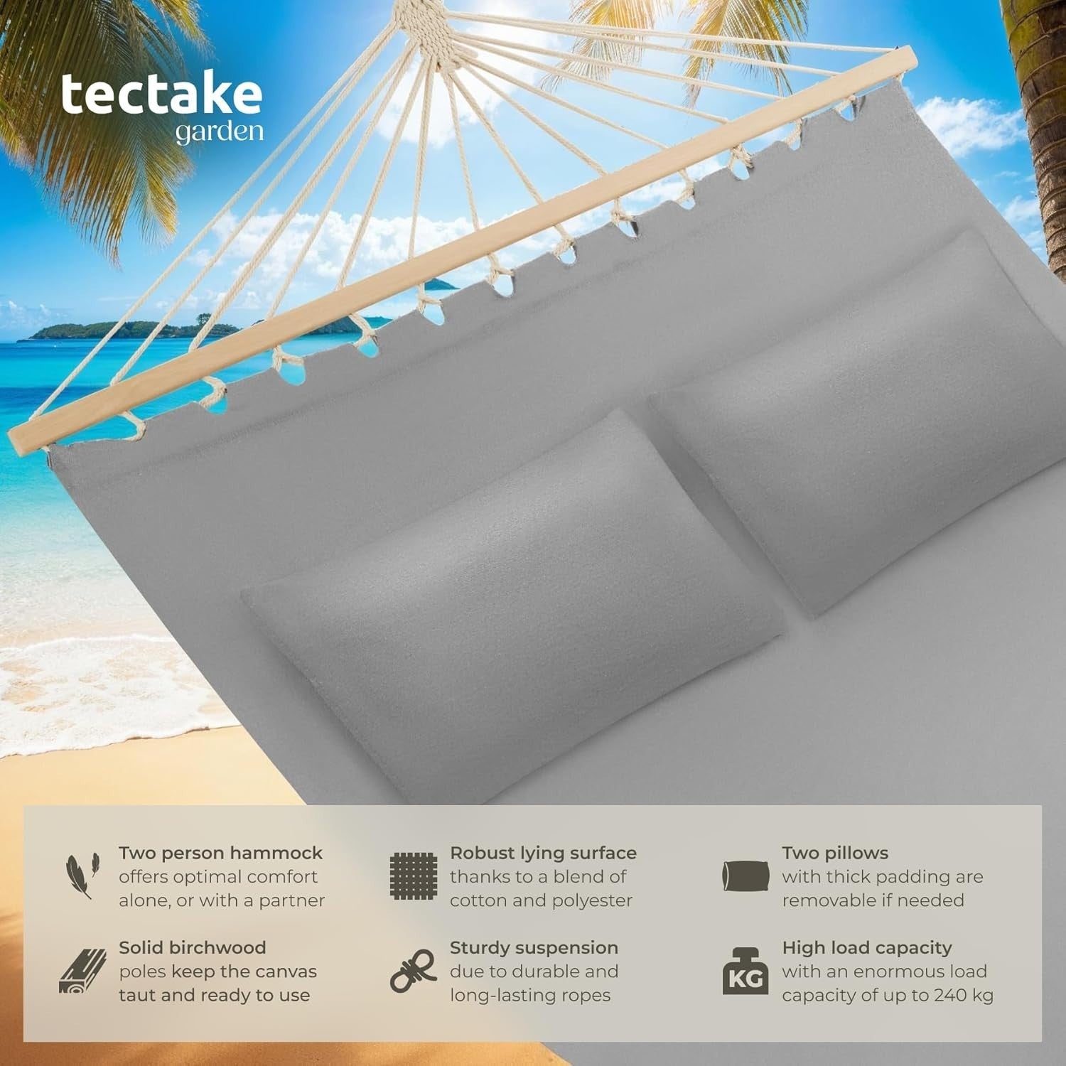 Light Grey Double Outdoor Hammock for 2 with Plush Pillows, 240kg Load