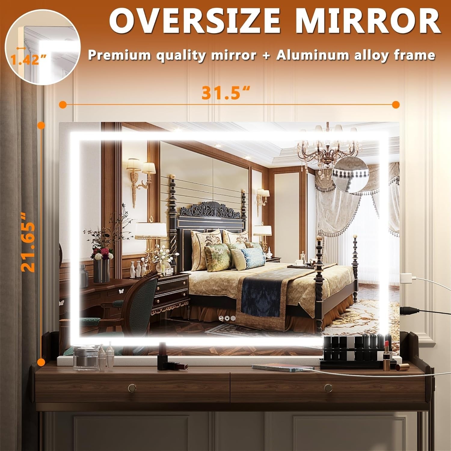 LED Vanity Mirror 80x58cm with Lights, 3 Light Modes, Touch Dimming Wall/Table