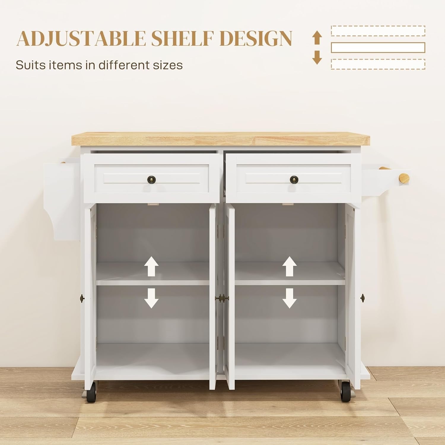 Rolling Kitchen Island Trolley with Drawers, Shelves & Rubber Wood Top 111x44cm