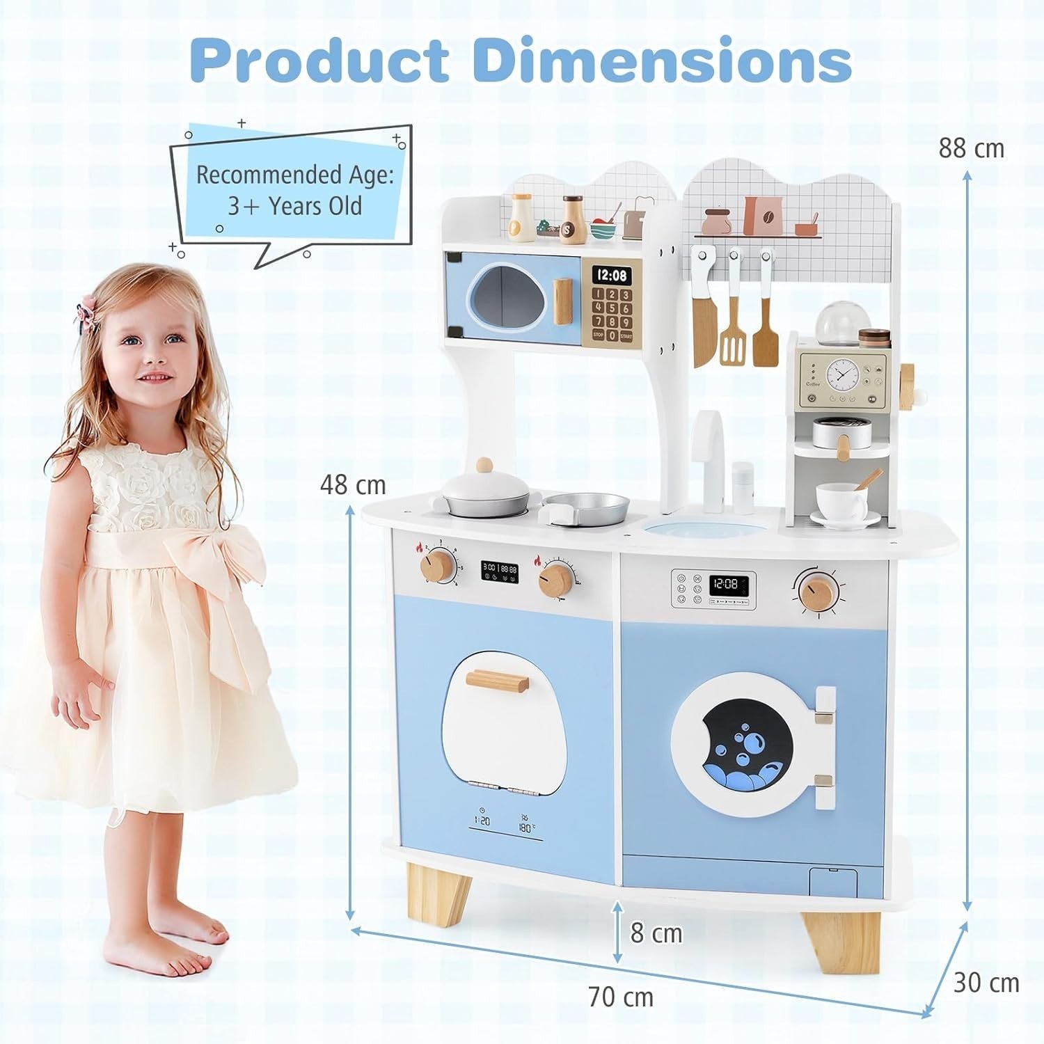 Kids Wooden Play Kitchen w/ Coffee Maker Microwave Blue Toy