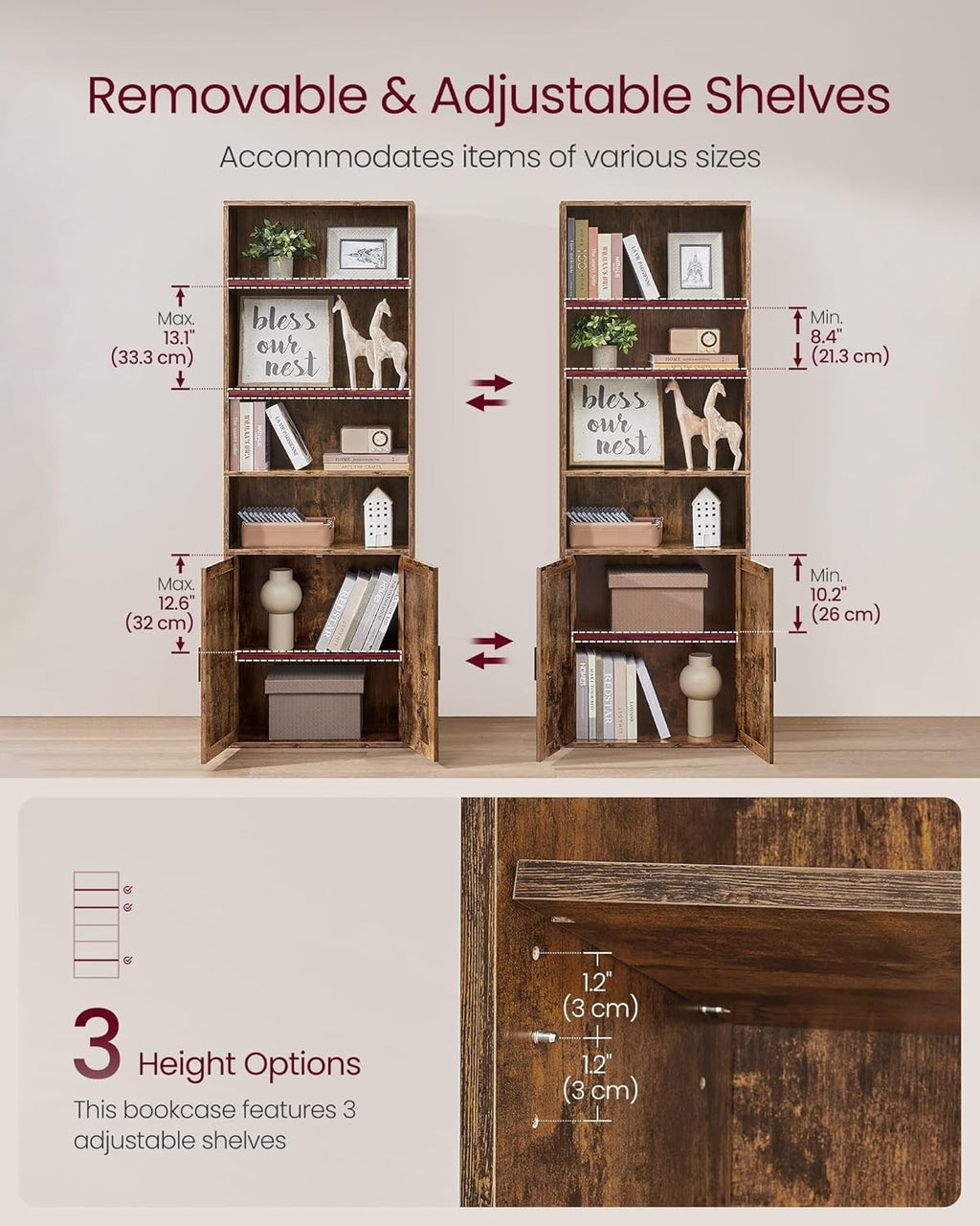 6-Tier Rustic Brown Bookshelf with Doors, Adjustable Shelves, 24x60x175 cm