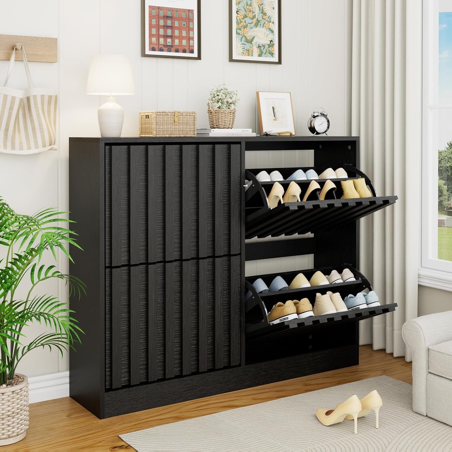Black Wide Shoe Cabinet 4 Flip Drawers Ventilated Storage Holds 20 Pairs