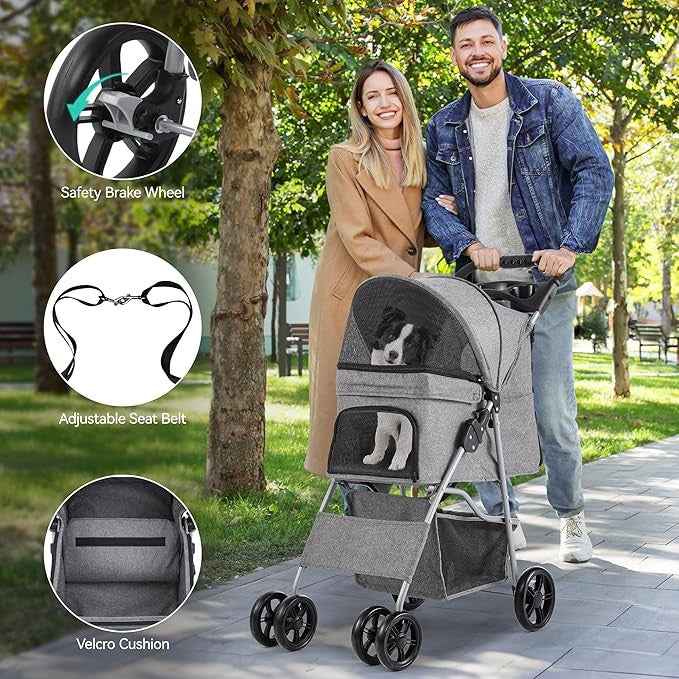 Dog Stroller 4 Wheel Folding Pet Buggy with Storage Basket Travel Pram