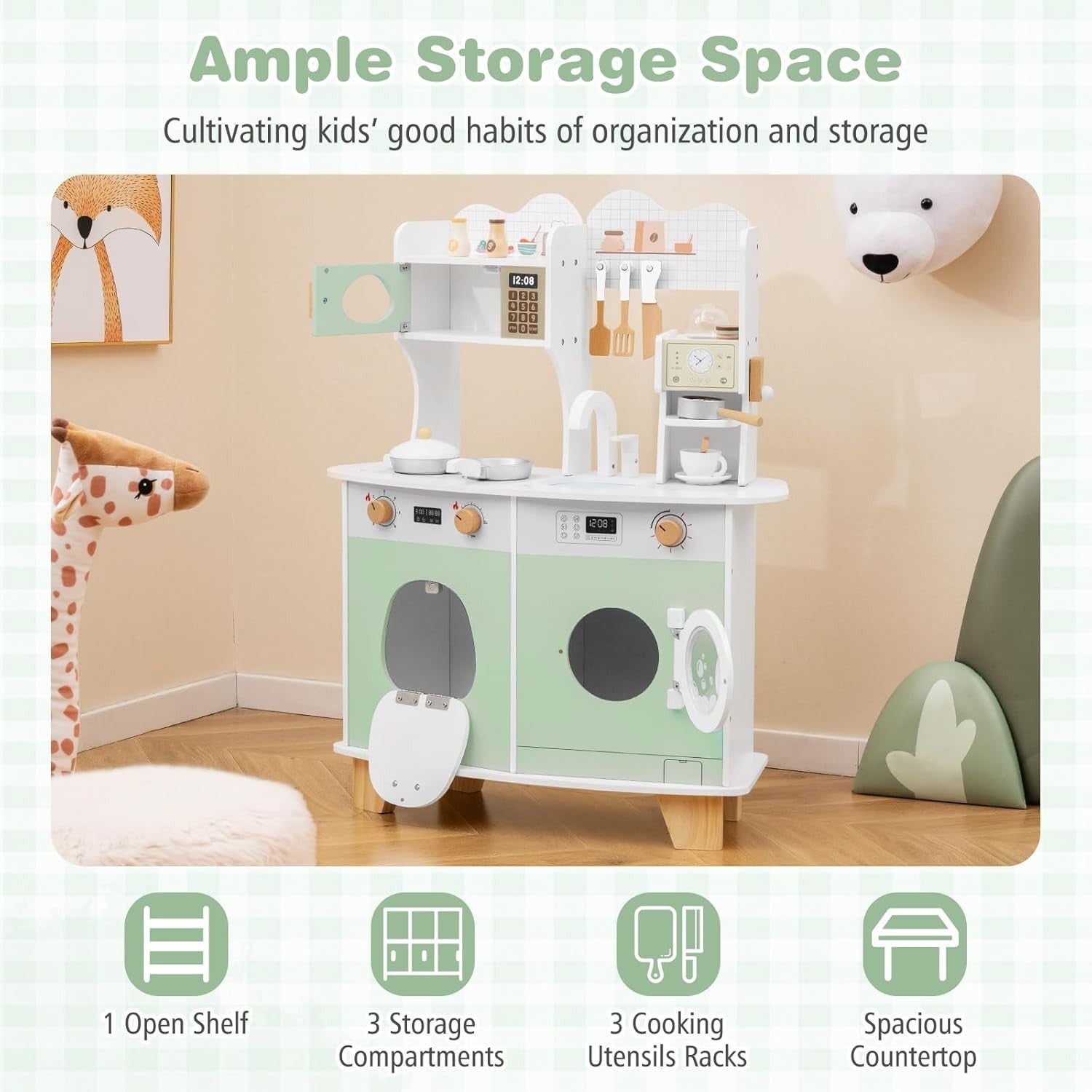 Kids Wooden Play Kitchen w/ Coffee Maker Microwave Green Toy
