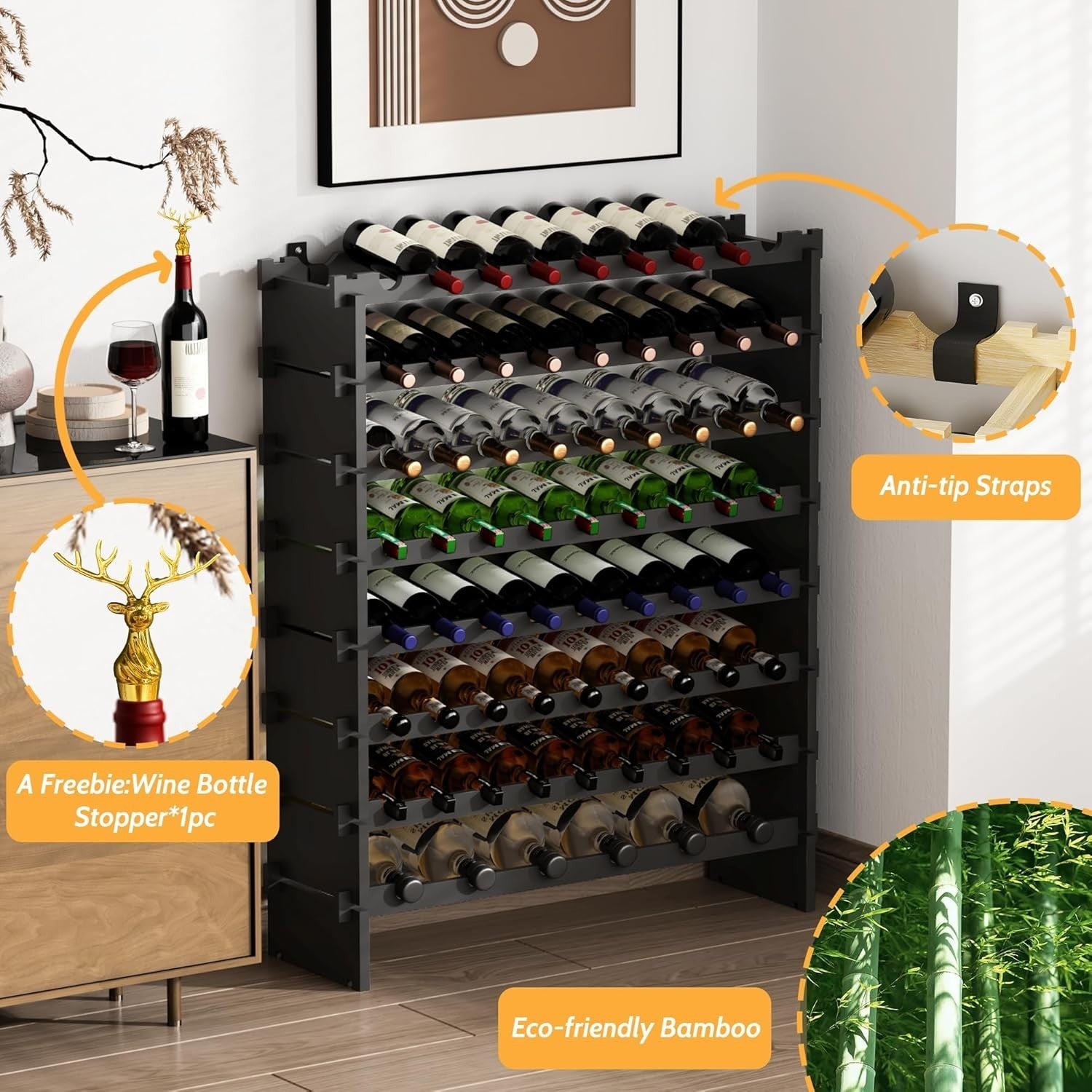 69 Bottle Wine Rack Floor Standing Black Bamboo 8-Tier Stackable Storage Shelf