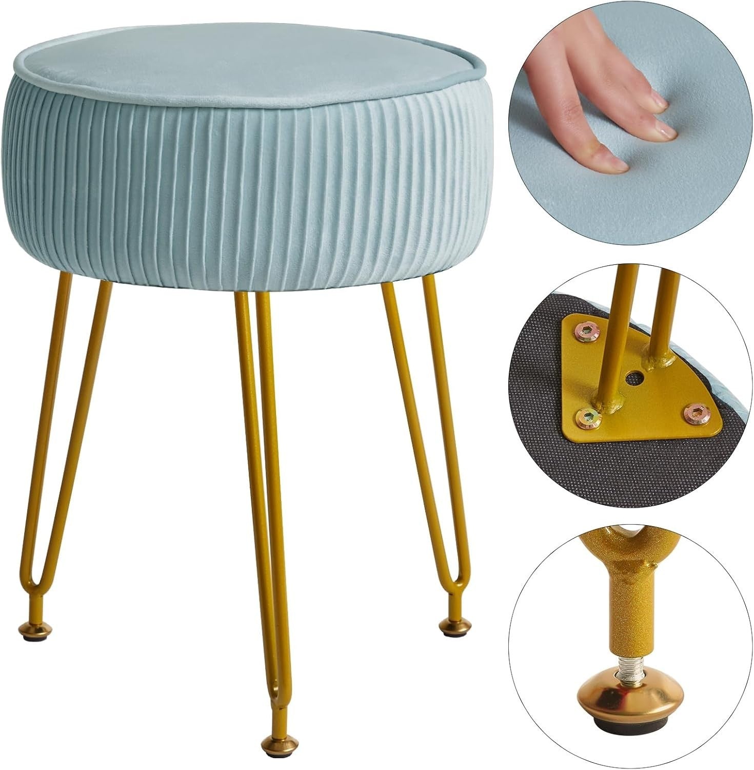 Light Blue Velvet Vanity Stool — Round Footstool with Gold Legs
