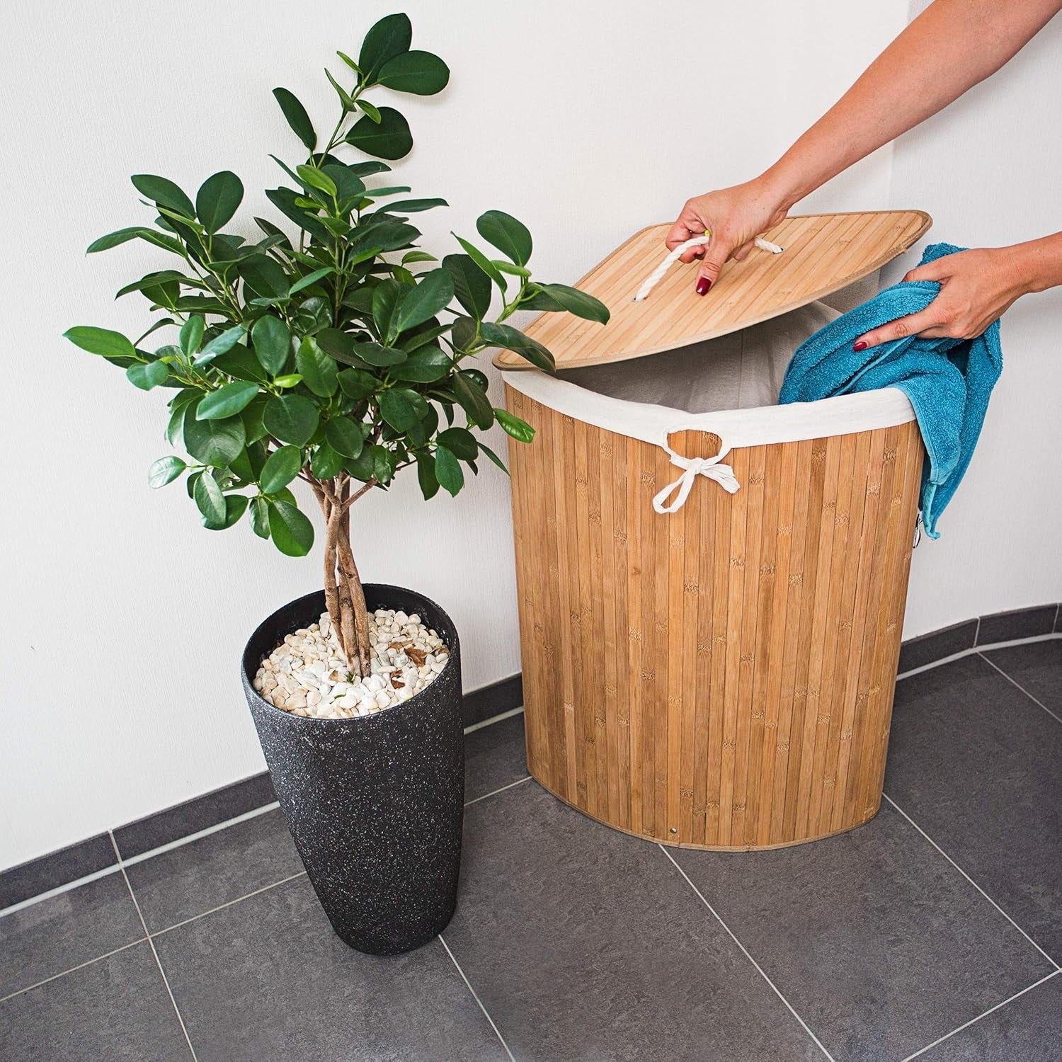 Bamboo Folding Laundry Basket with Lid 64L Hamper Bin Natural Brown 76x38x38