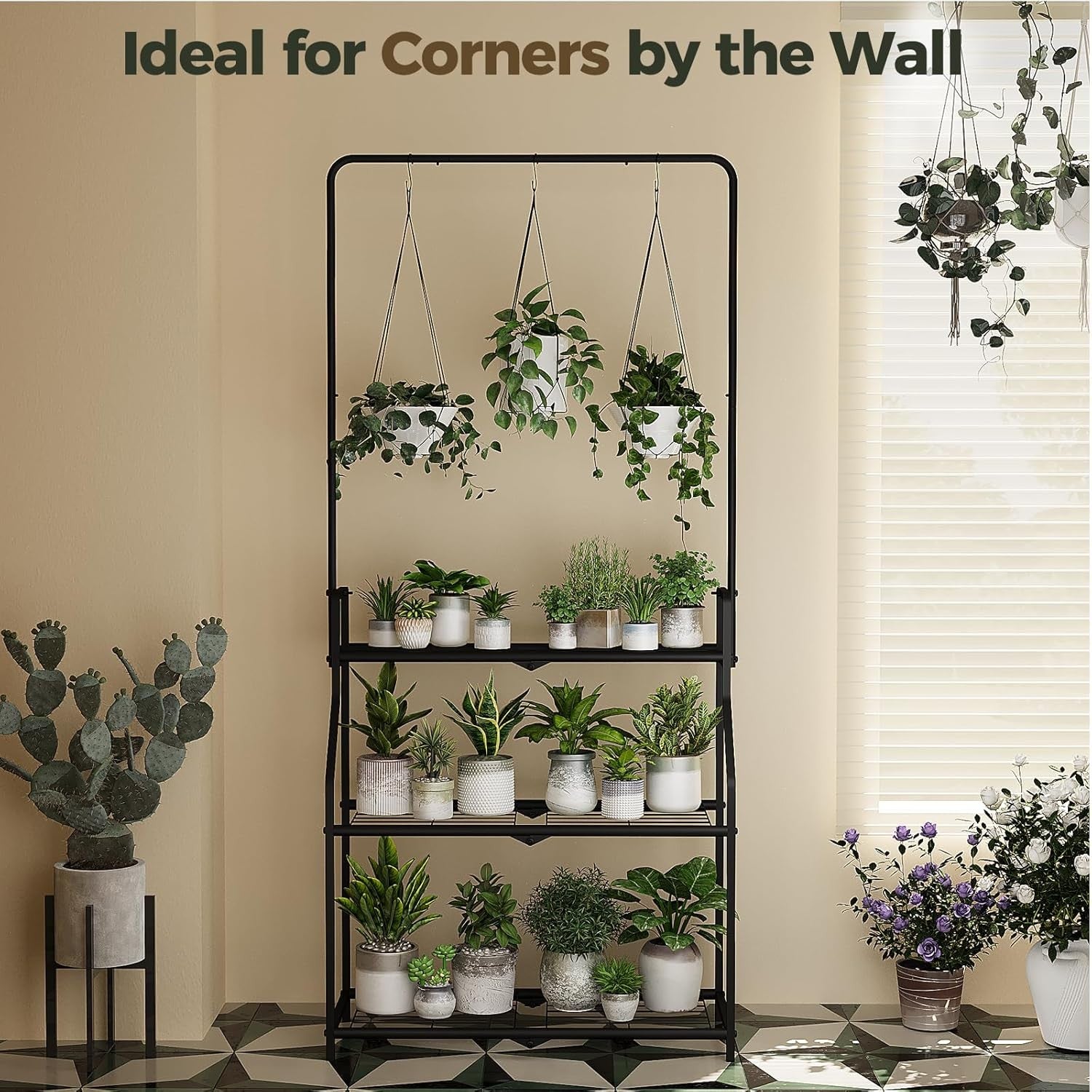 3 Tier Hanging Metal Plant Stand Black  Indoor Outdoor Flower Pot Shelf Rack
