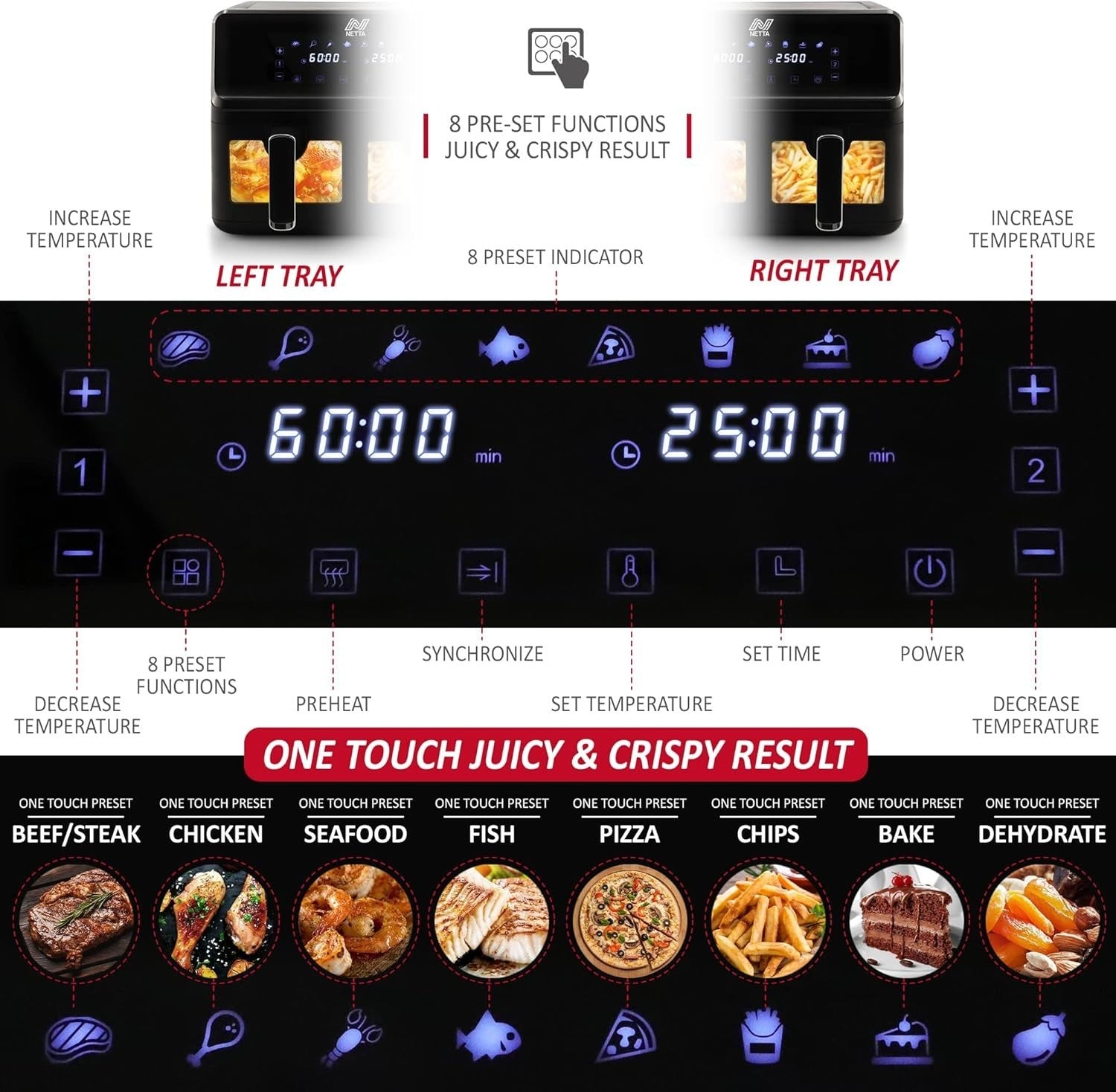 8L Dual Basket Air Fryer 2700W Digital Touch 8 Presets 60min Timer XL Black