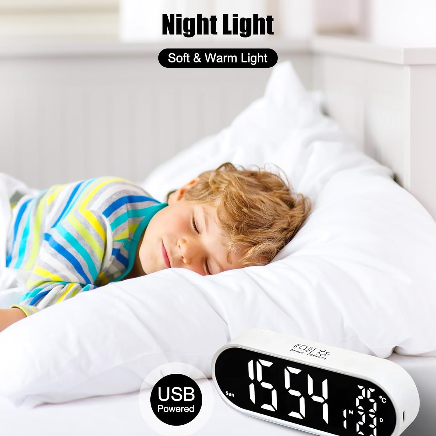Large Display Digital Alarm Clock Mirror USB Dual Alarm Snooze Bedroom