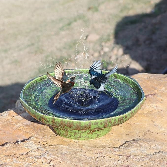 Solar Ceramic Bird Bath Fountain – Outdoor Garden Water Feature Green