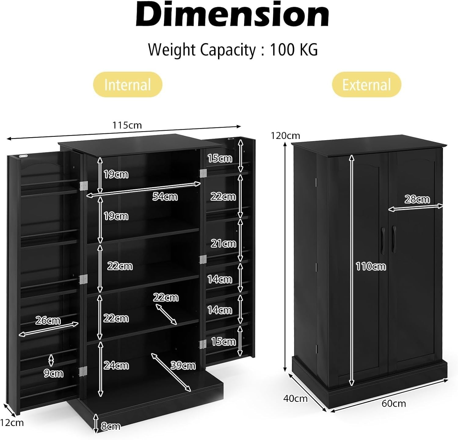 Kitchen Cupboard Pantry Cabinet with 17 Shelves & 2 Doors Black