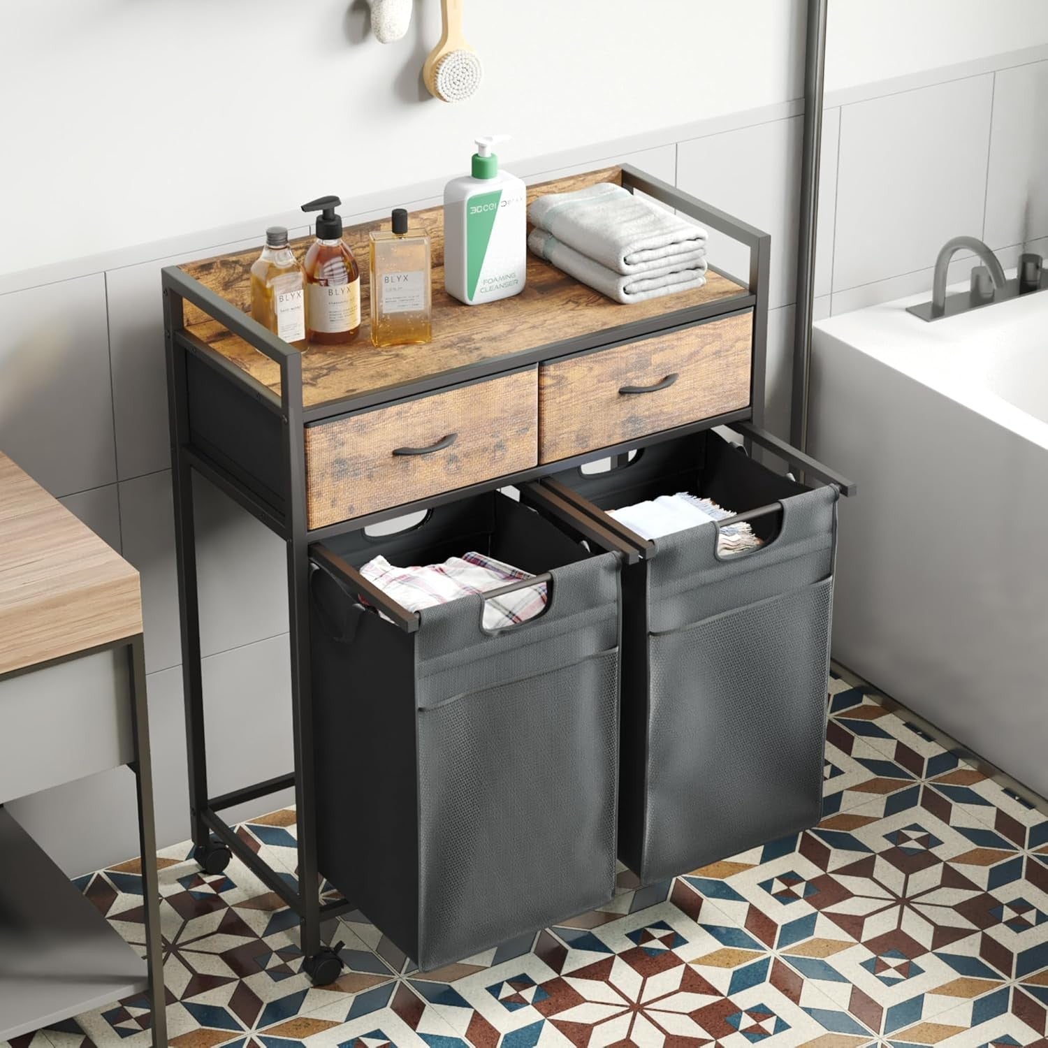 2 Section Laundry Hamper with Drawers 100L Sorter Wheels Rustic Brown Black
