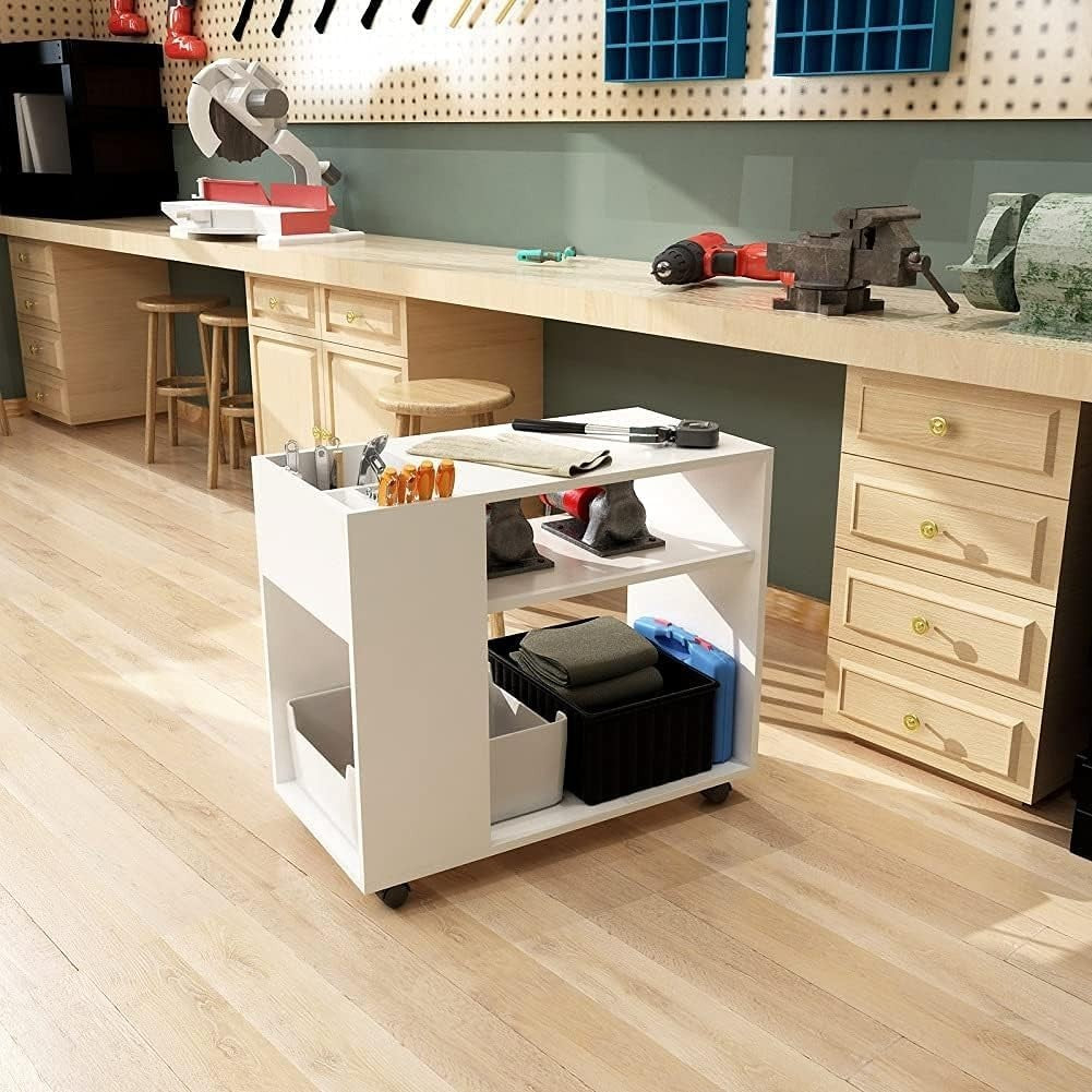 Rolling Lateral File Cabinet Open Shelf Mobile Printer Stand White