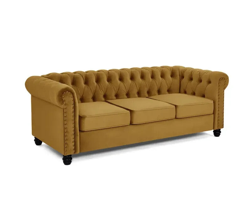 3 Seater Chesterfield Sofa Gold Velvet Scroll Arms Tufted Back Living (SV)