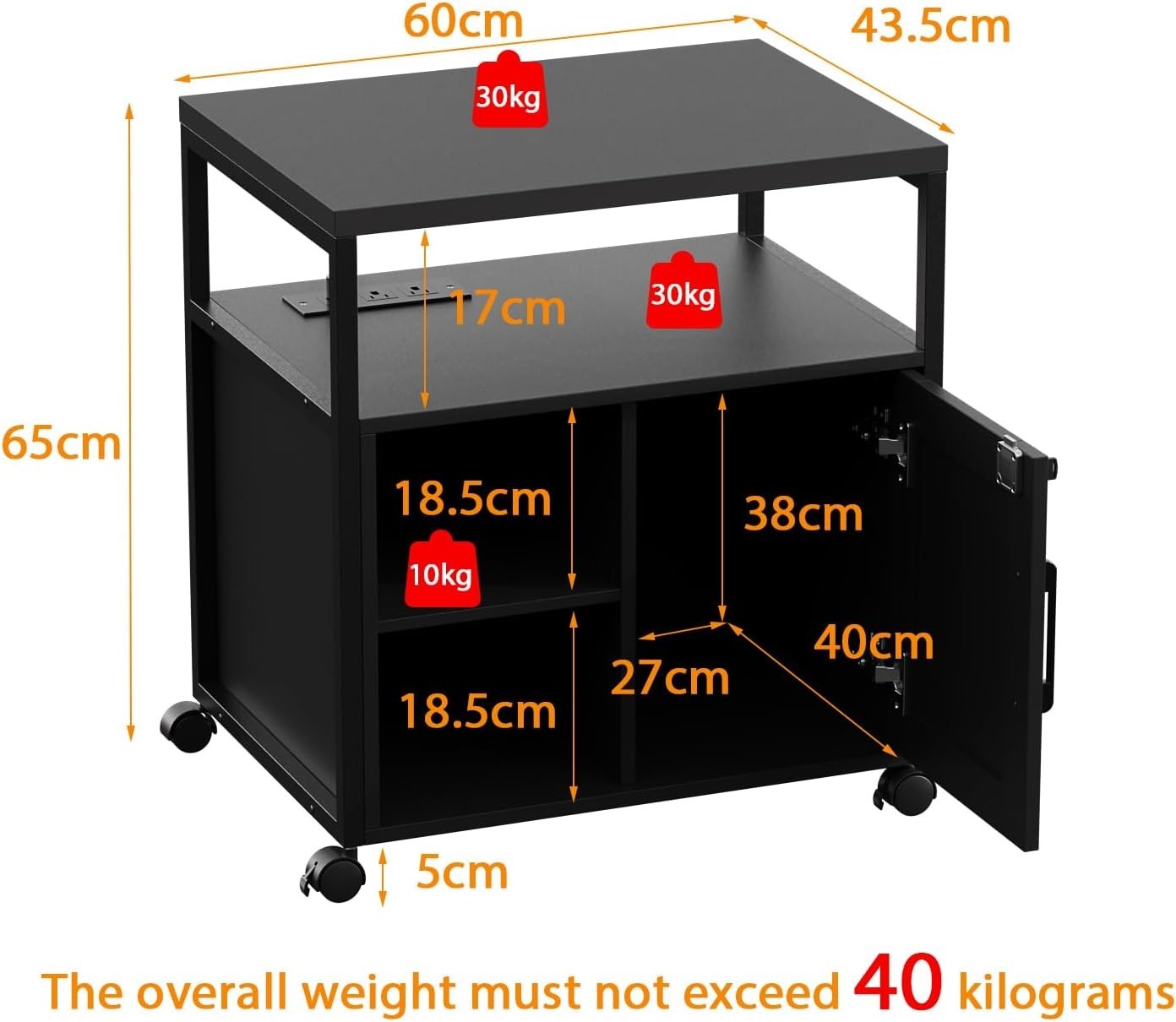 Black LED Mobile File Cabinet 65cm Lockable Printer Stand