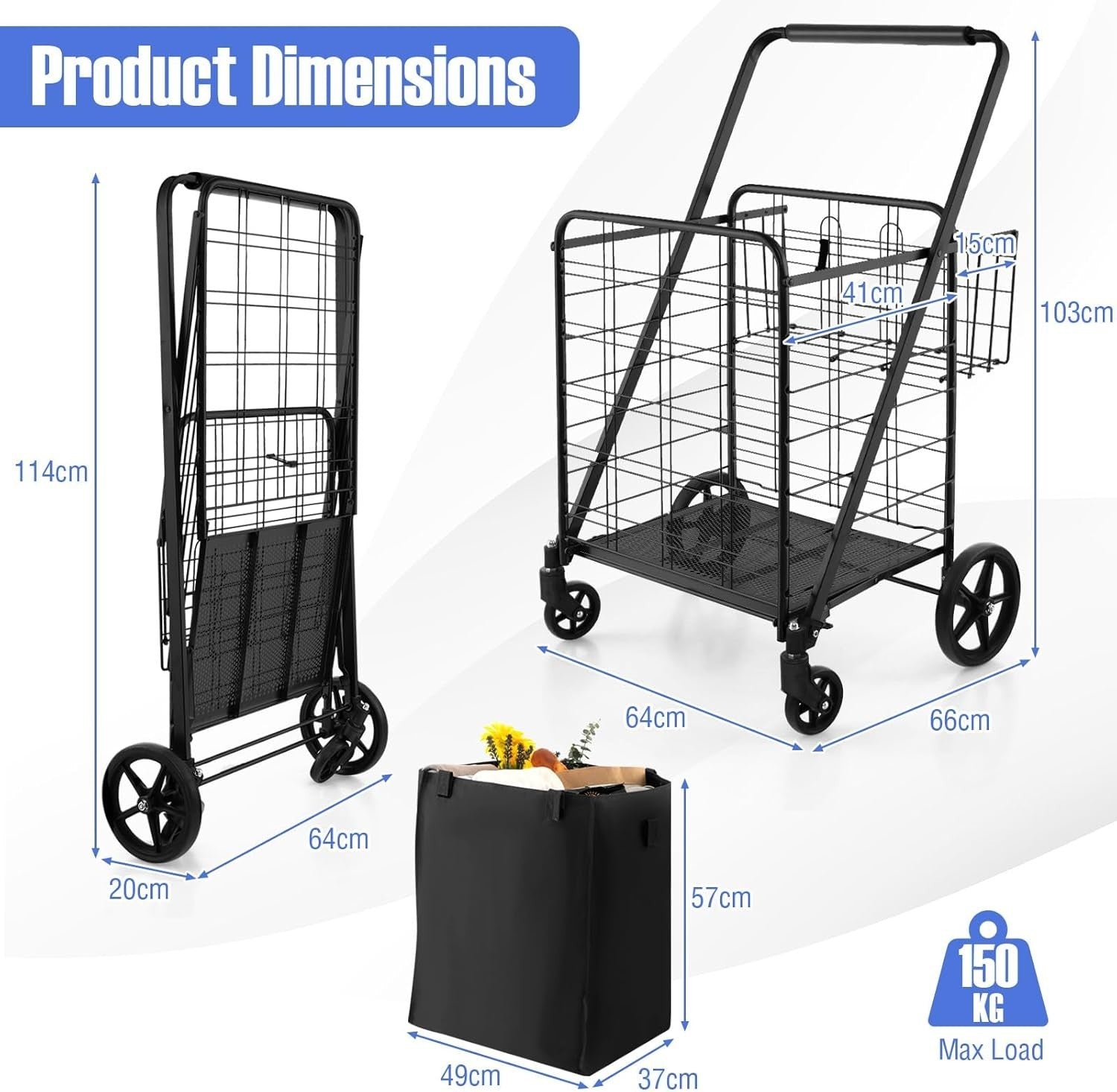 126L Foldable Shopping Trolley Cart – Heavy-Duty Metal, Waterproof, Black