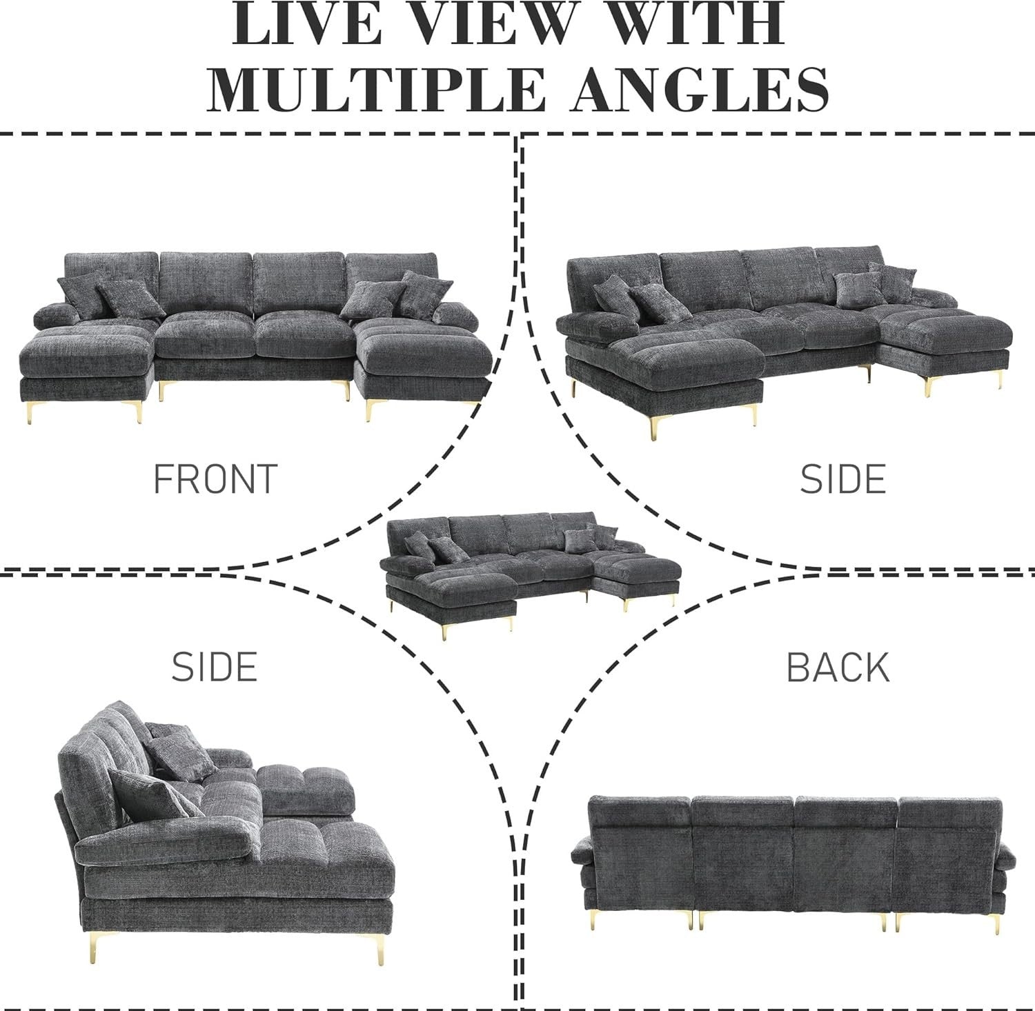 4 Seater U-Shaped Sofa Grey Chenille Sectional with 2 Chaise Lounges