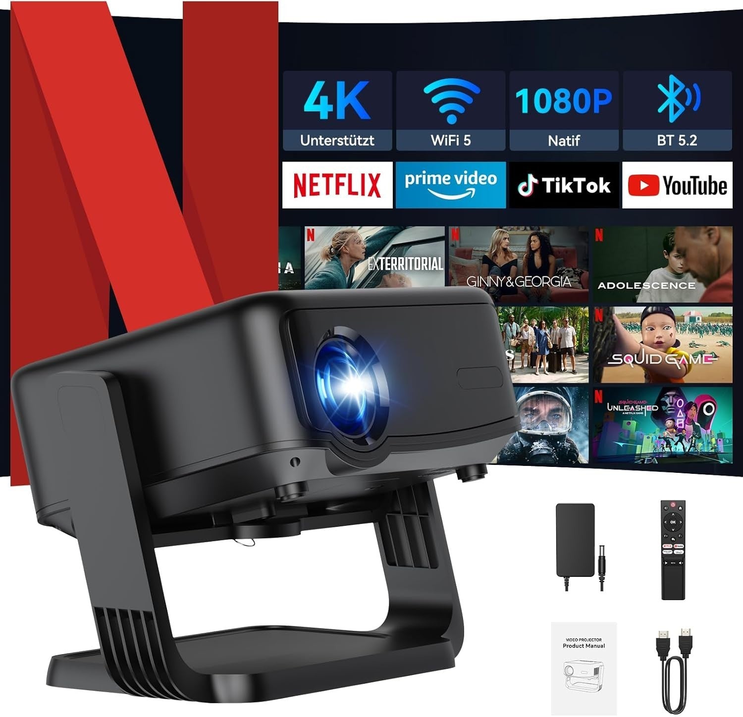 1080P Smart Projector 4K WiFi Bluetooth Netflix Android Auto Keystone