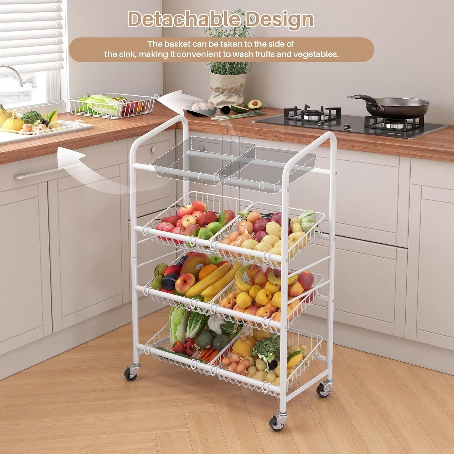 4 Tier Rolling Vegetable Storage Rack Kitchen Trolley with Wheels White