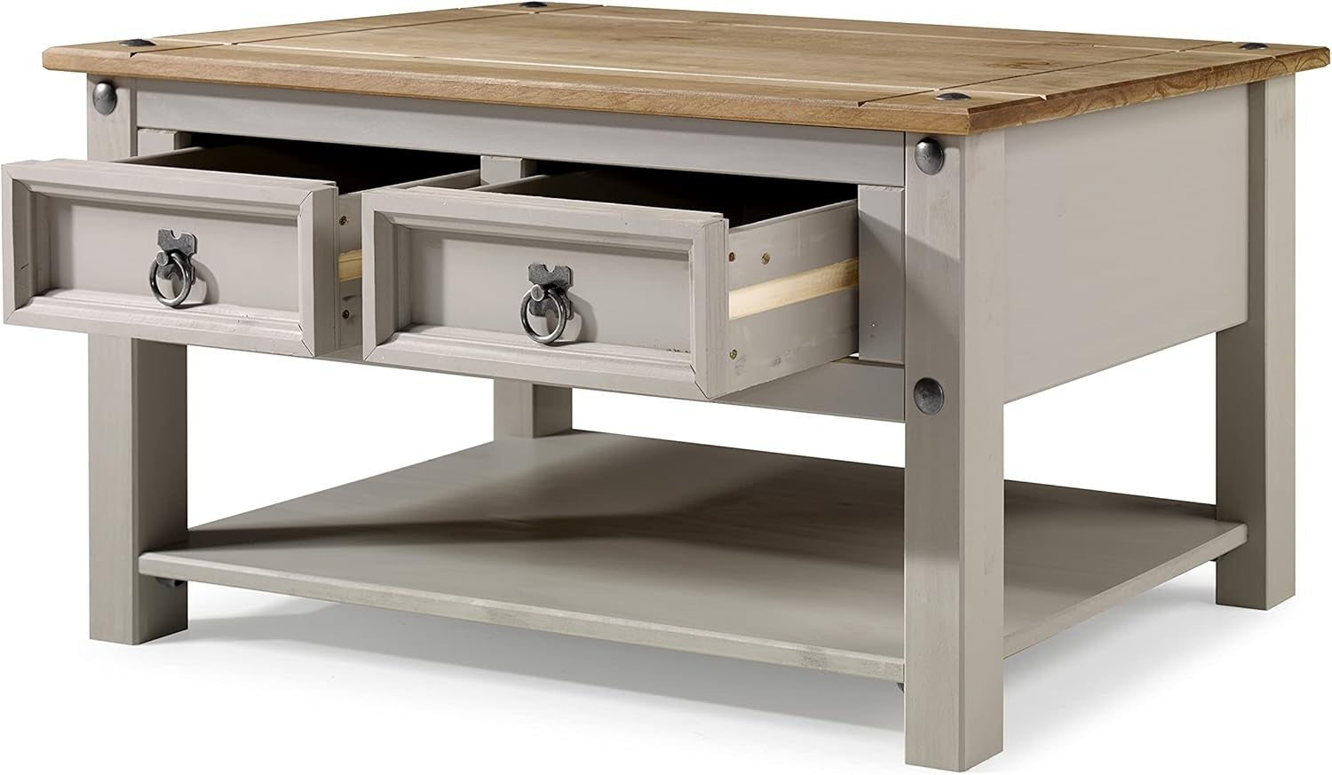 Grey Wax Coffee Table with 2 Drawers & Shelf – Solid Pine, Rustic Storage