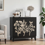 Black Sideboard Cabinet with Floral Carved Doors, Shelves, 80cm Wide