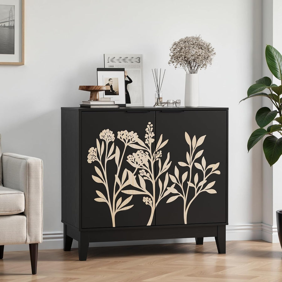 Black Sideboard Cabinet with Floral Carved Doors, Shelves, 80cm Wide