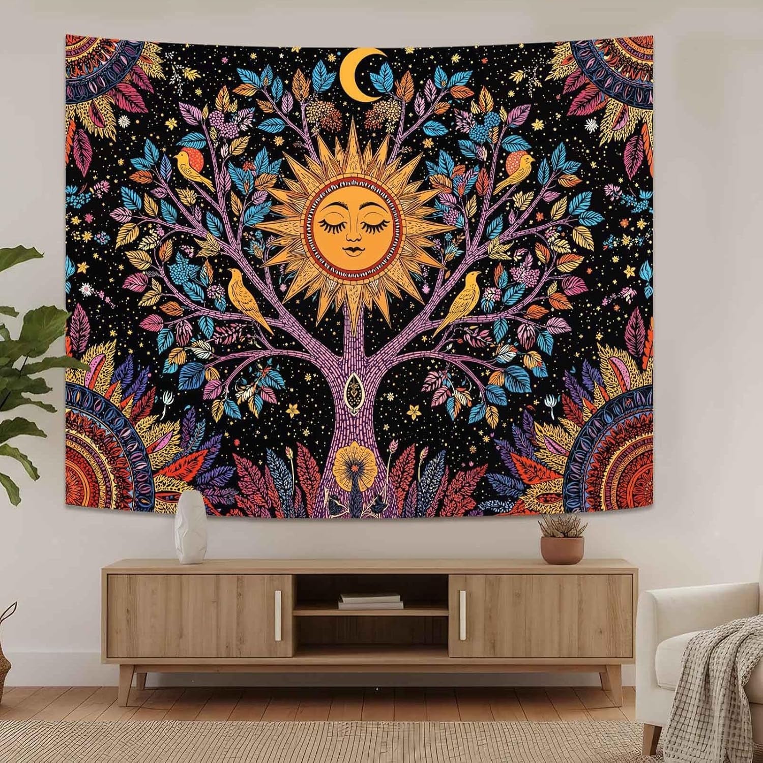 Tree of Life Sun Face & Birds Tapestry Boho 90x70