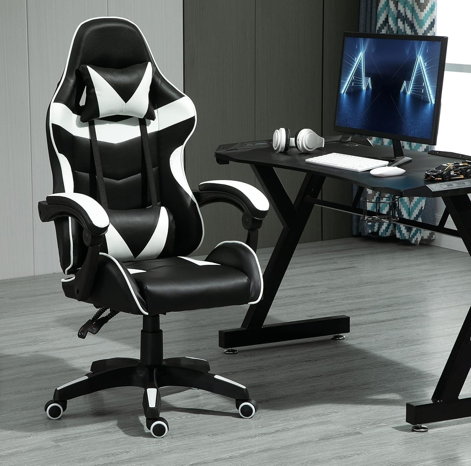 Reclining Gaming Chair Faux Leather Office Desk Chair w/ Lumbar White