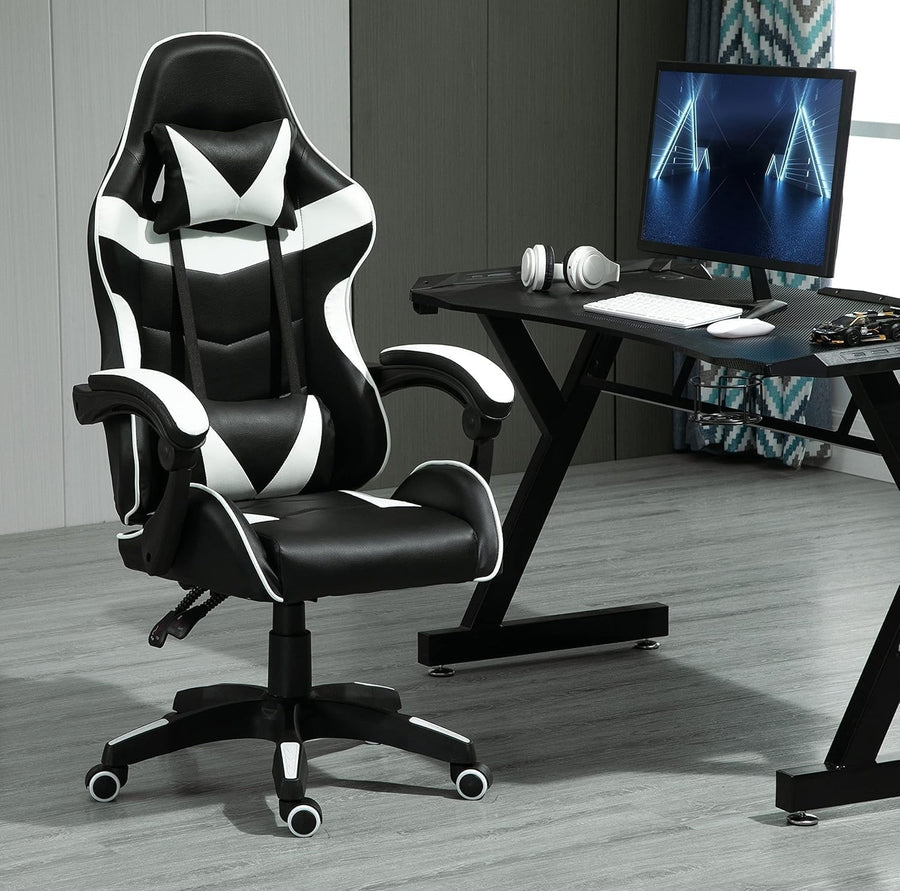 Reclining Gaming Chair Faux Leather Office Desk Chair w/ Lumbar White