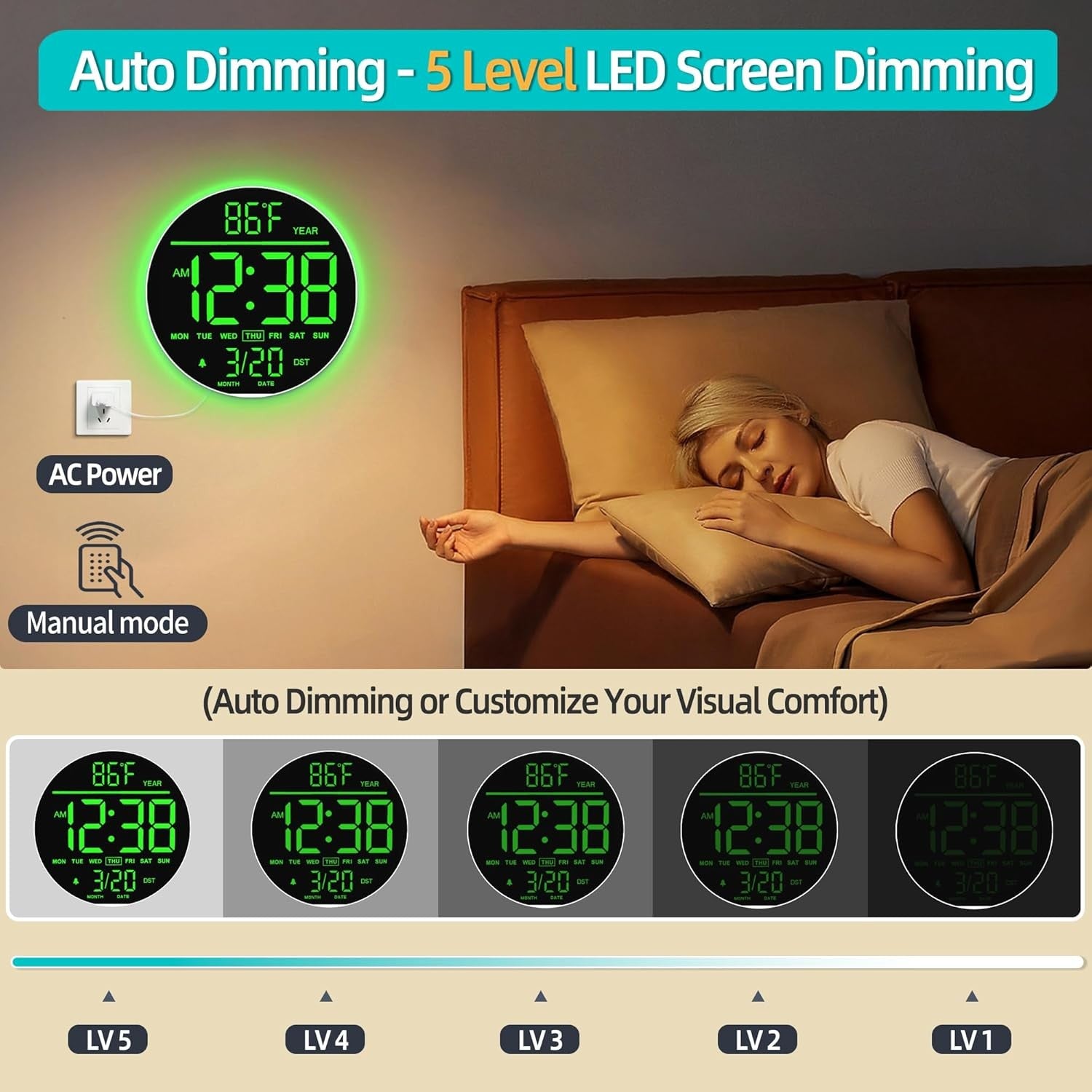 White Green 10in Large Digital Wall Clock RGB LED Remote Auto Bright