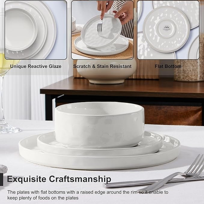 12 Piece Stoneware Dinner Set for 4 Reactive Glaze Plates Bowls White