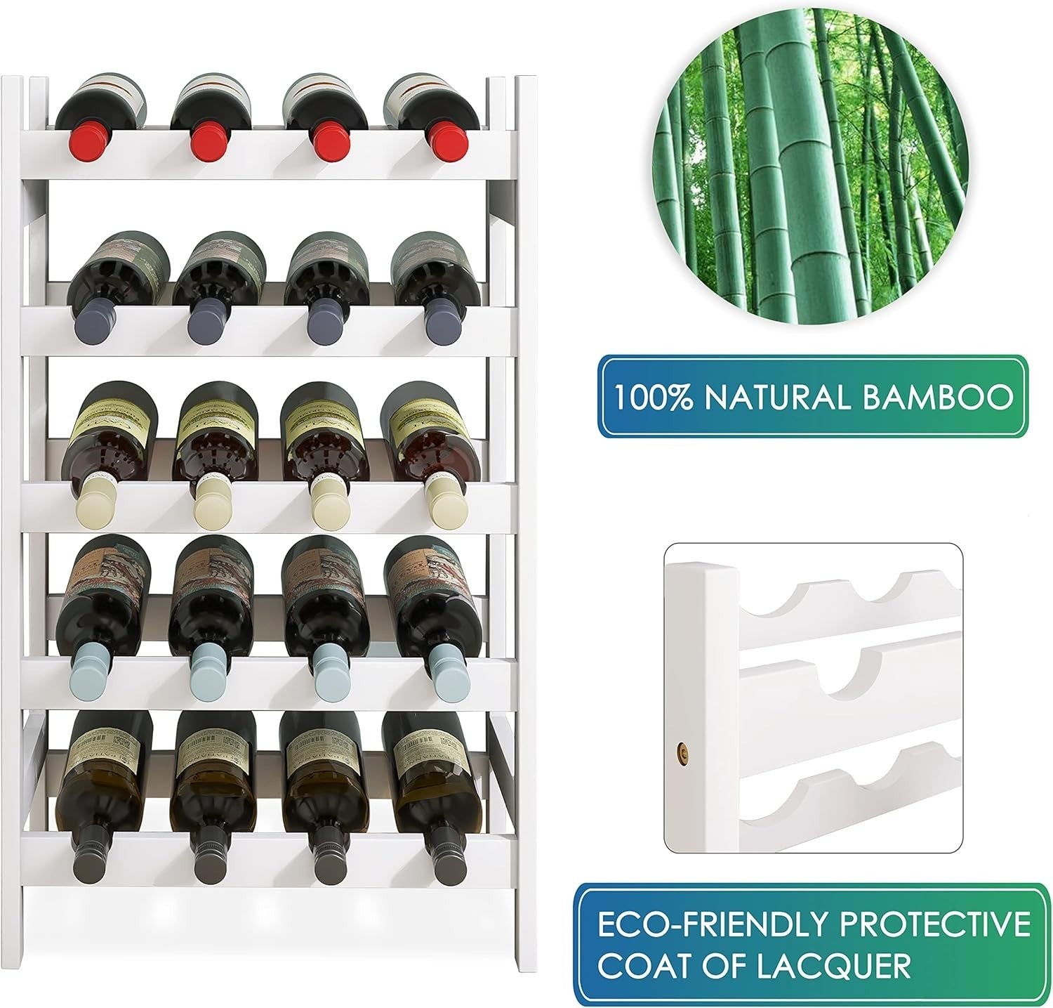 5 Tier Wooden Wine Rack 20 Bottle Storage Stand Free Standing Modern White Shelf