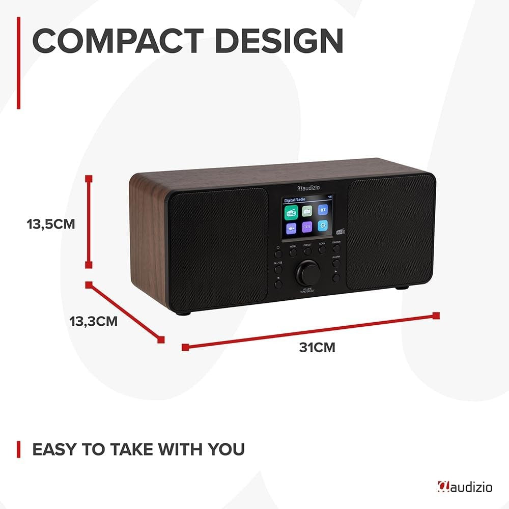 DAB Digital Radio Bluetooth 50W Stereo USB Dual Alarm Remote Wood