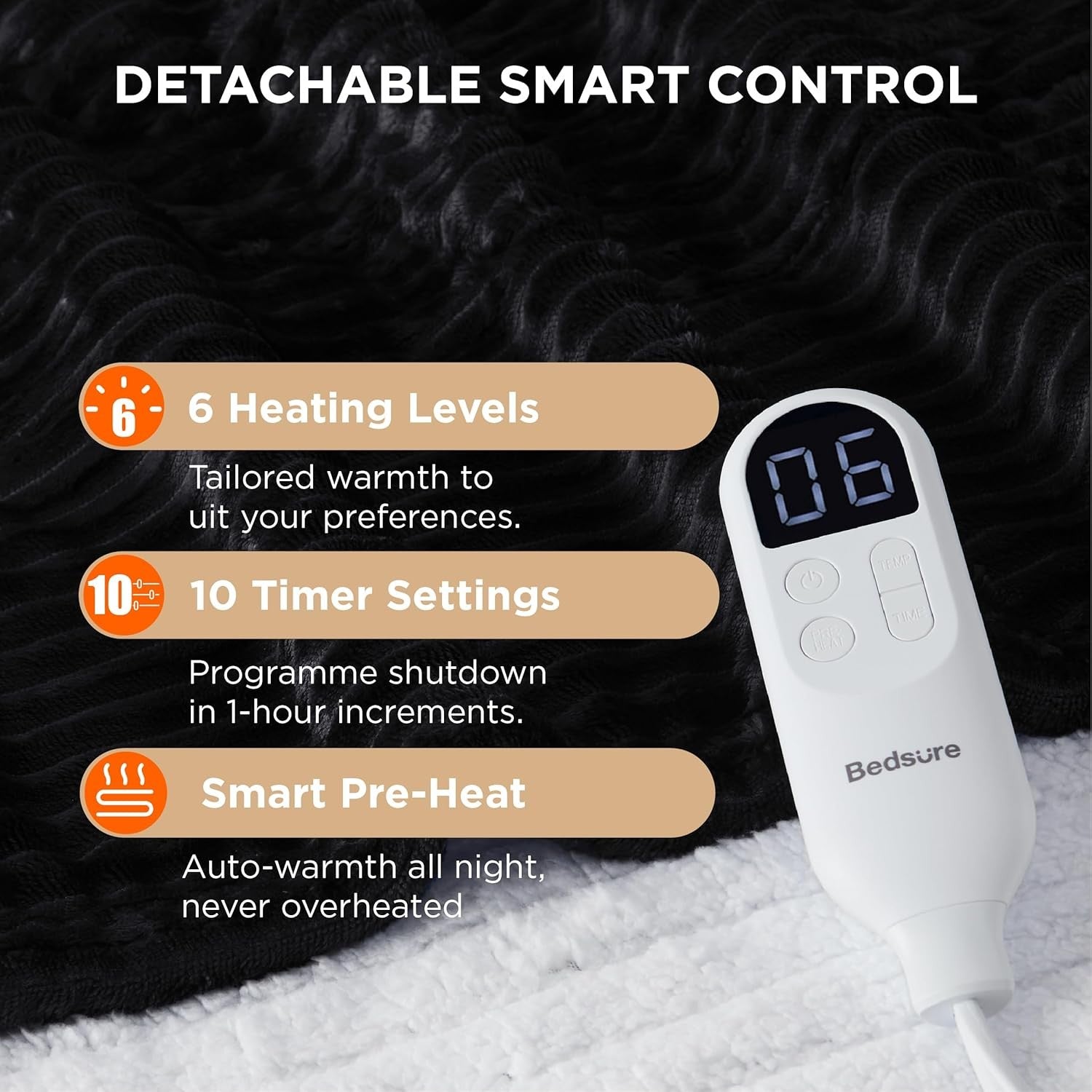 Electric Heated Throw Blanket Ribbed Flannel 6 Heat Settings Timer 130x160cm