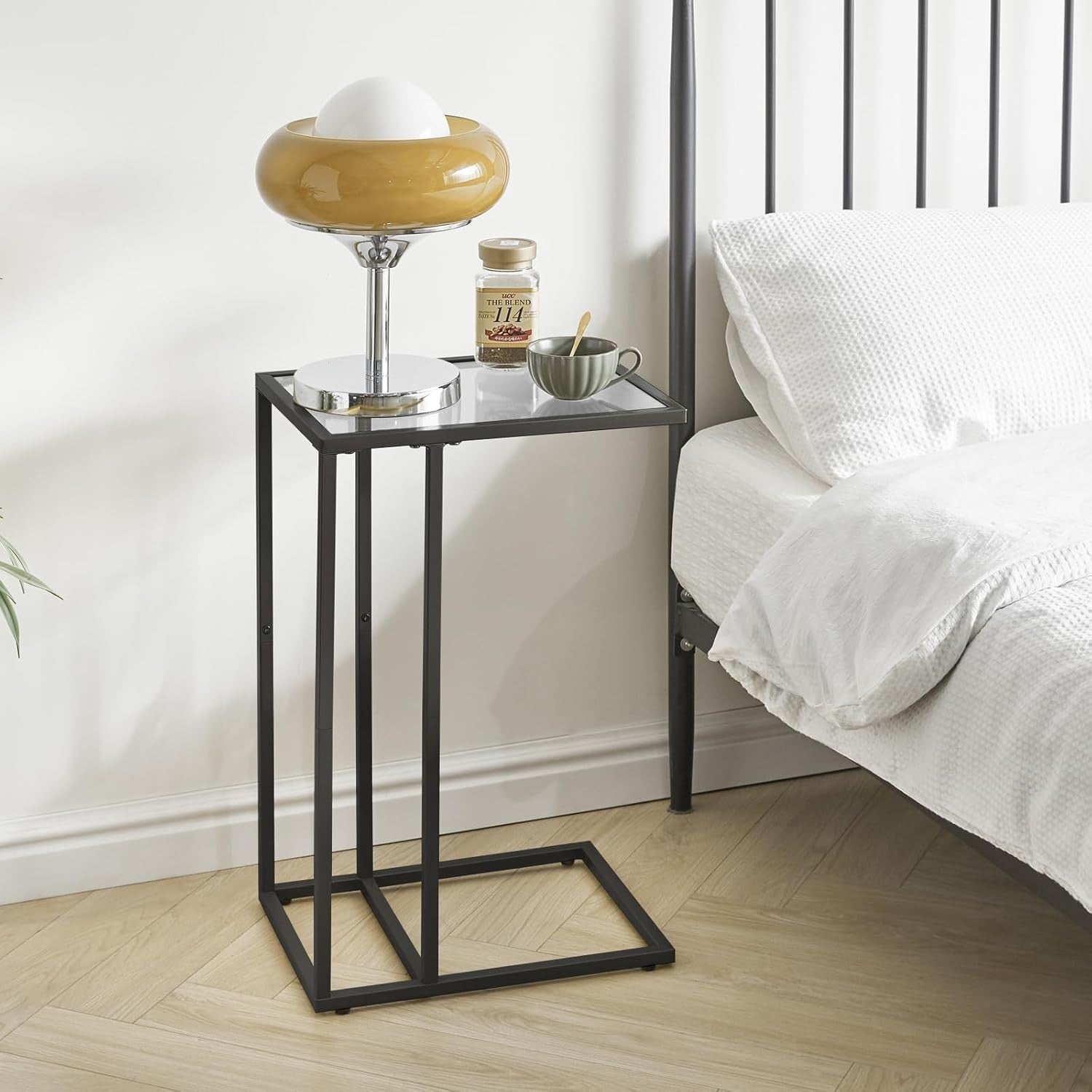 Black C-Shaped Side Table 30x40x63 cm | Tempered Glass Sofa & Bed Table
