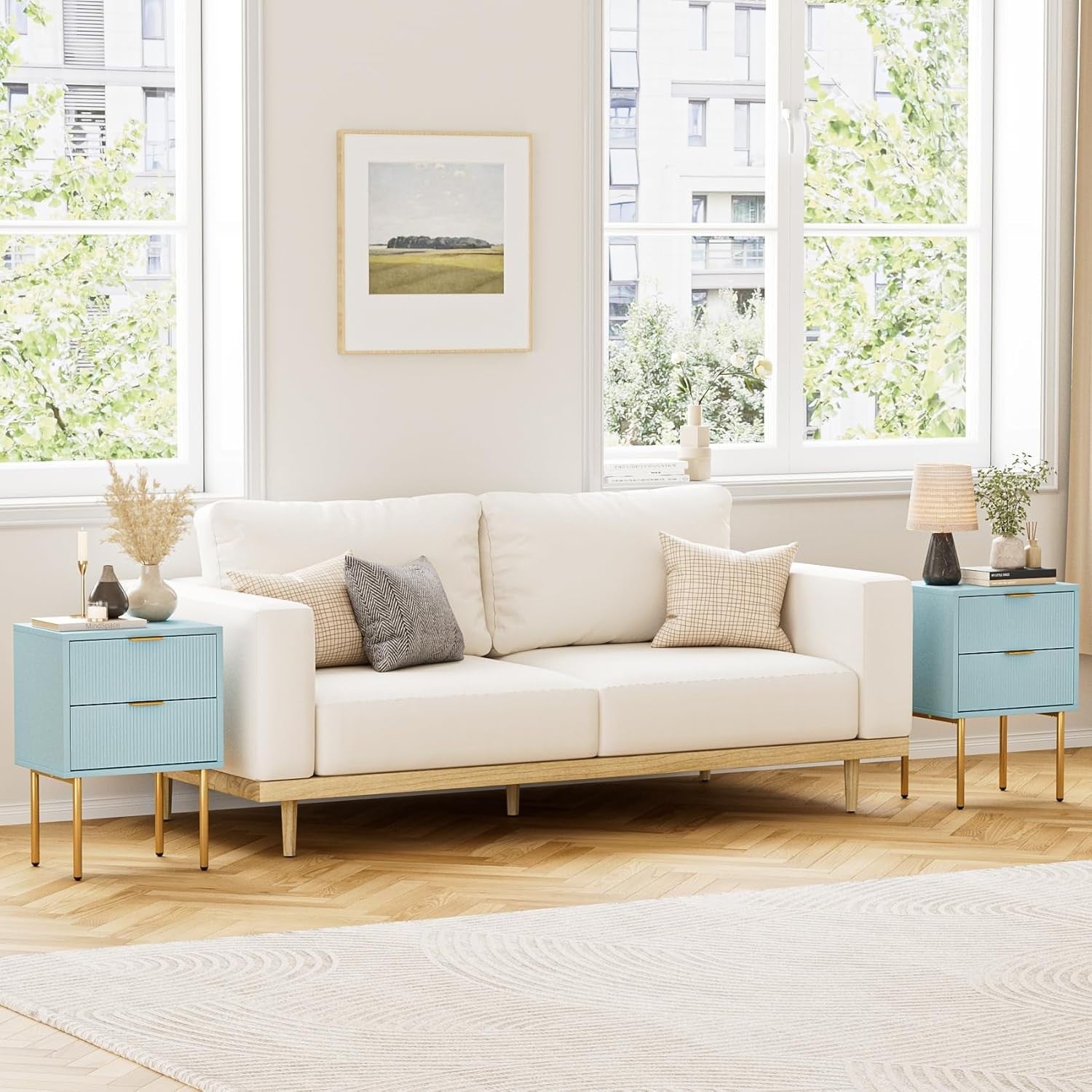Blue Bedside Table with 2 Drawers & Gold Legs | Modern Nightstand