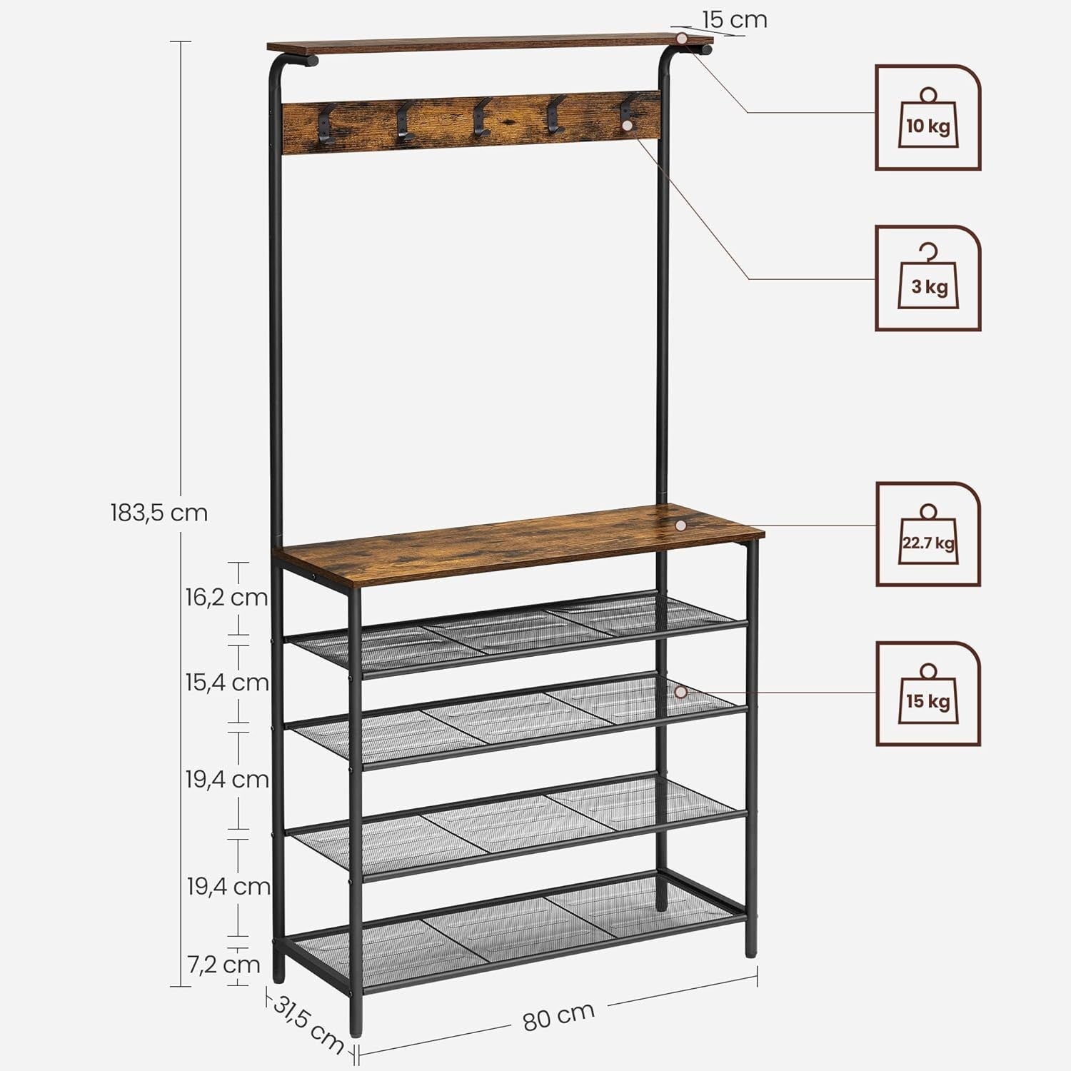 5 Tier Industrial Coat & Shoe Rack with Hooks & Top Shelf – Durable Storage